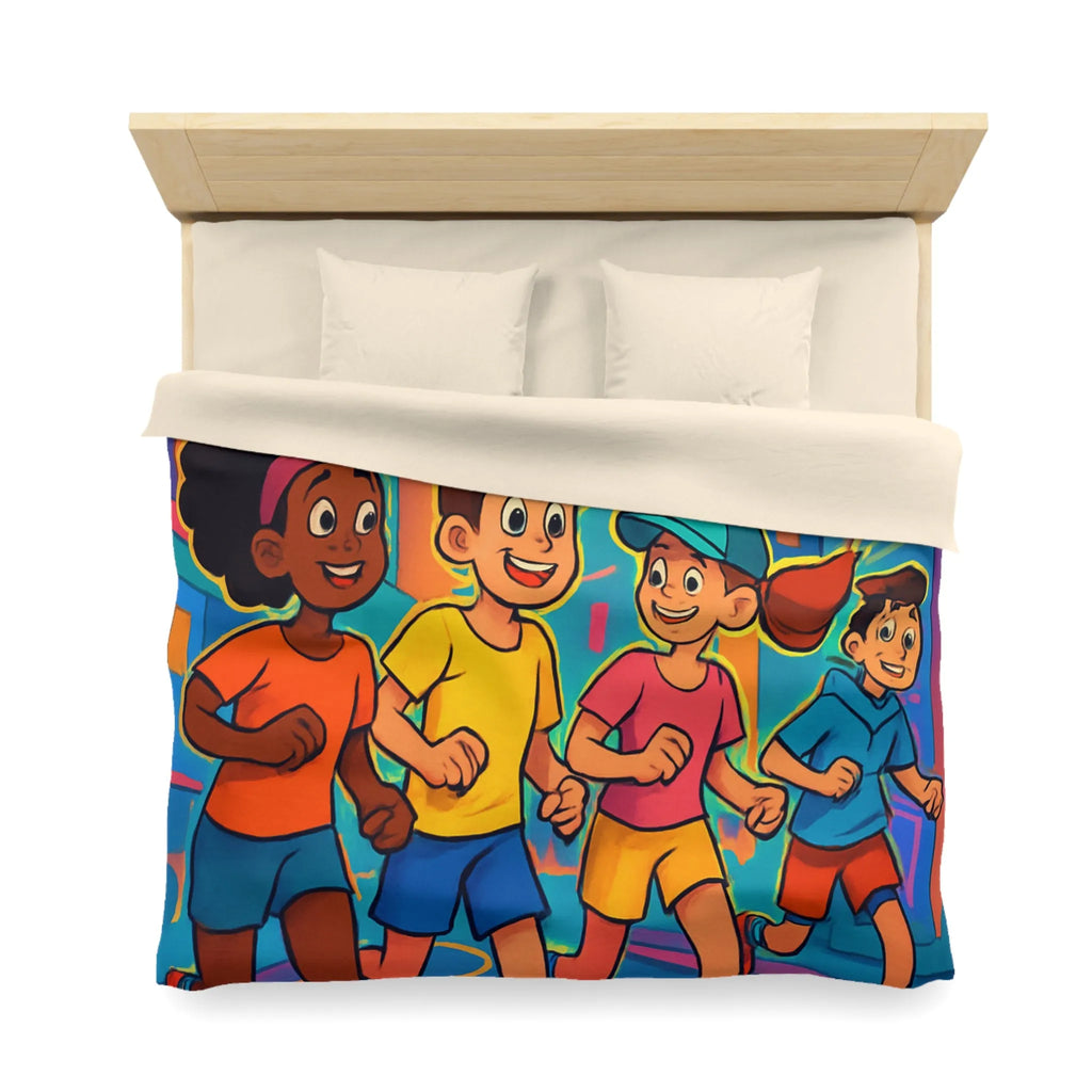 Ensemble d'enfants colorés courant en ville, illustration dynamique pour housse de couette vive