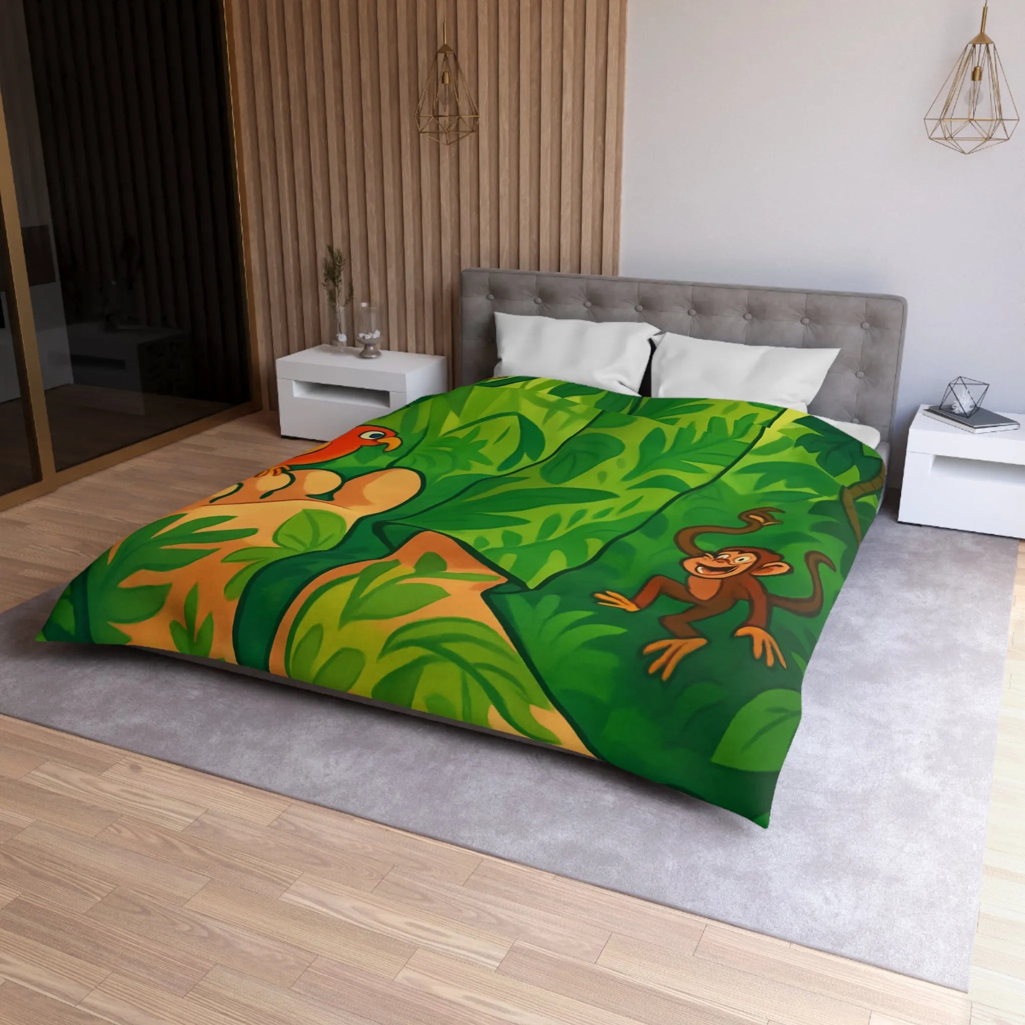 Housse de couette jungle colorée avec singes joyeux et perroquet exotique