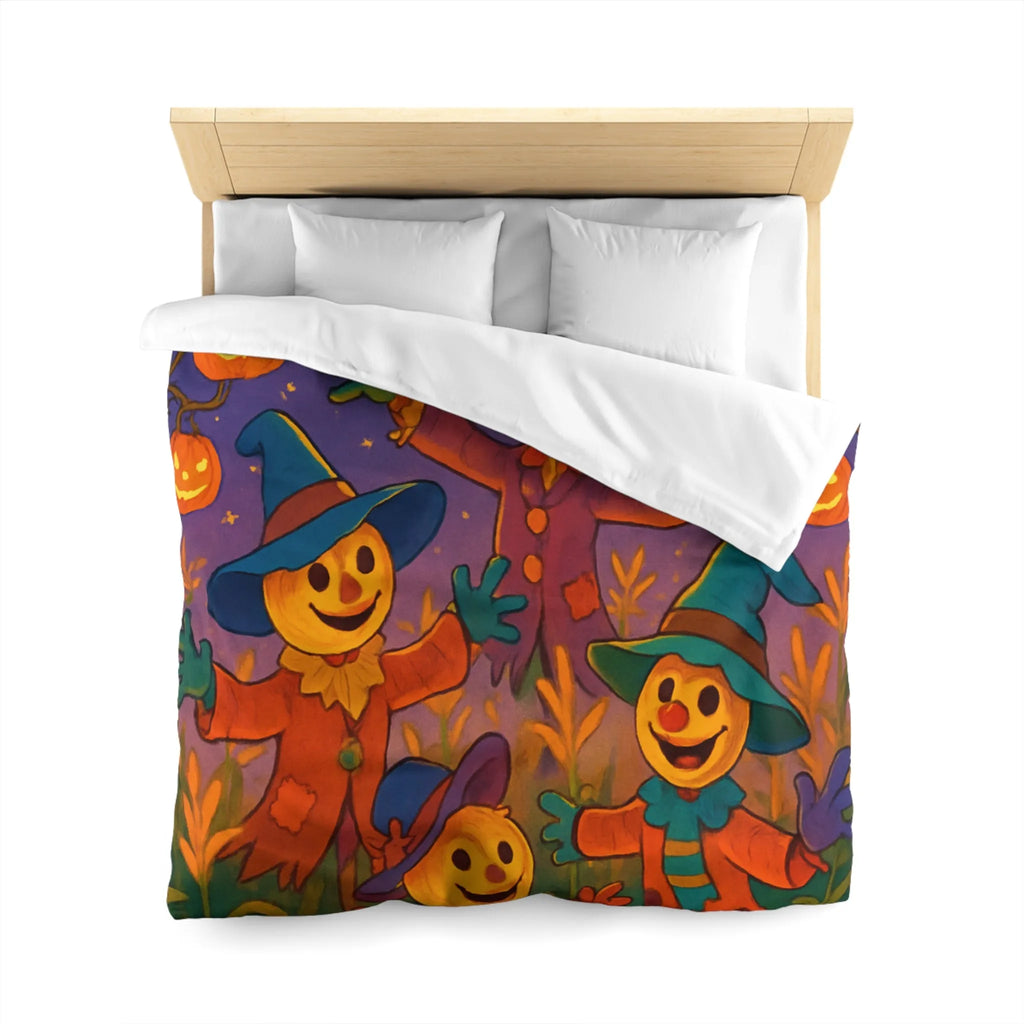 Housse de couette joyeux épouvantails et citrouilles lumineuses pour ambiance festive et colorée