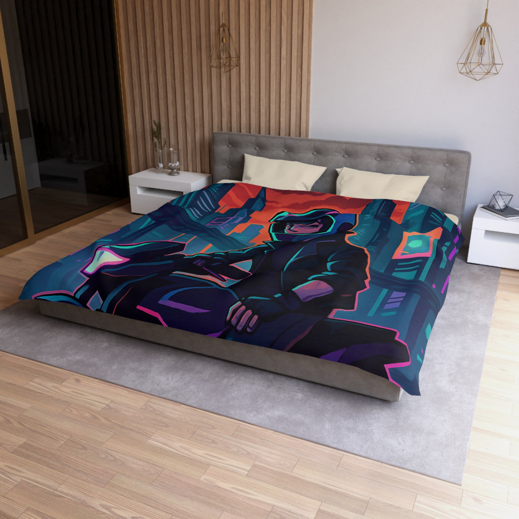 Housse de couette urbaine avec motard futuriste dans une ville de néons colorés