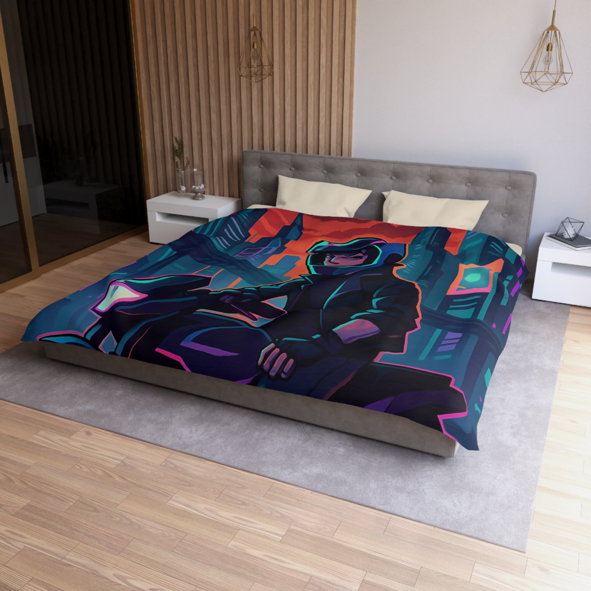 Housse de couette urbaine avec motard futuriste dans une ville de néons colorés