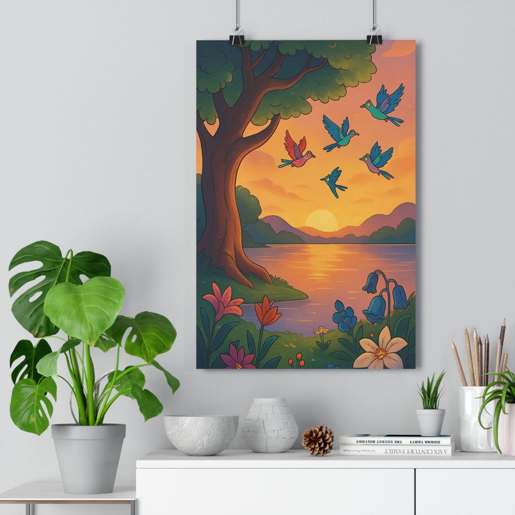 Poster décoratif anime pastel nature paysage enchanteur salon chambre bureau arbre oiseaux fleurs qualité