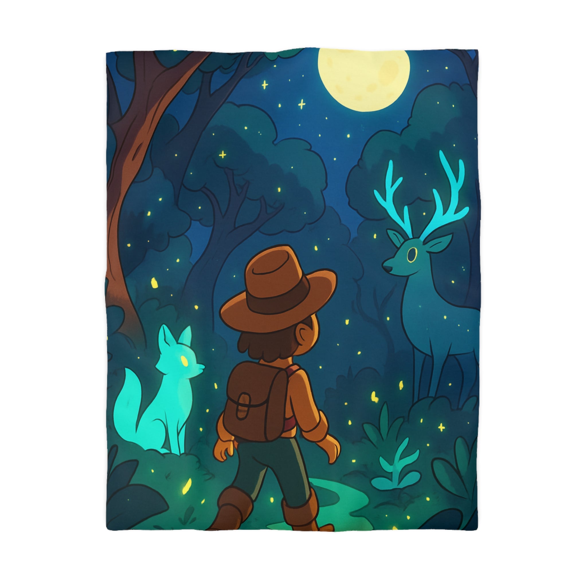 Housse de couette paysage nocturne avec renard et cerf mystiques sous la lune