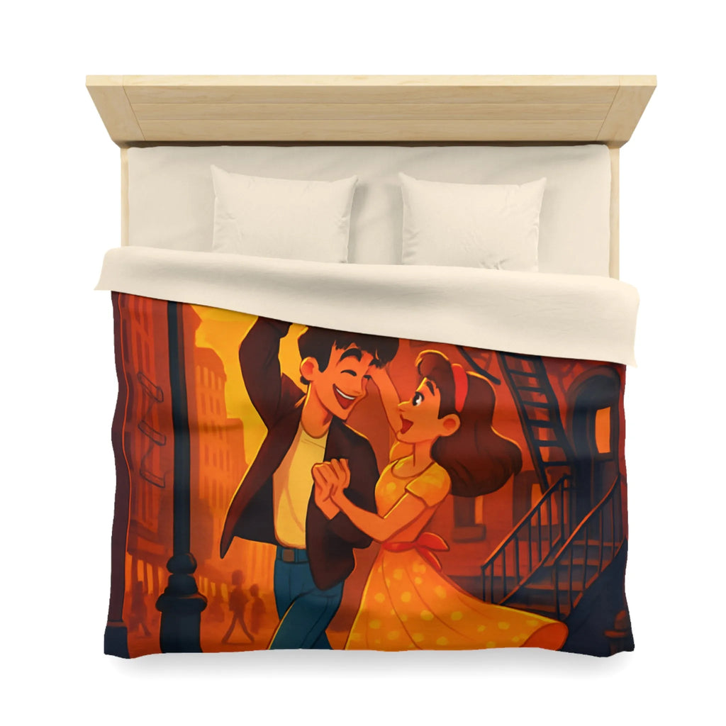 Danse romantique rétro sous réverbère vintage, ambiance urbaine crépusculaire charmante et nostalgique