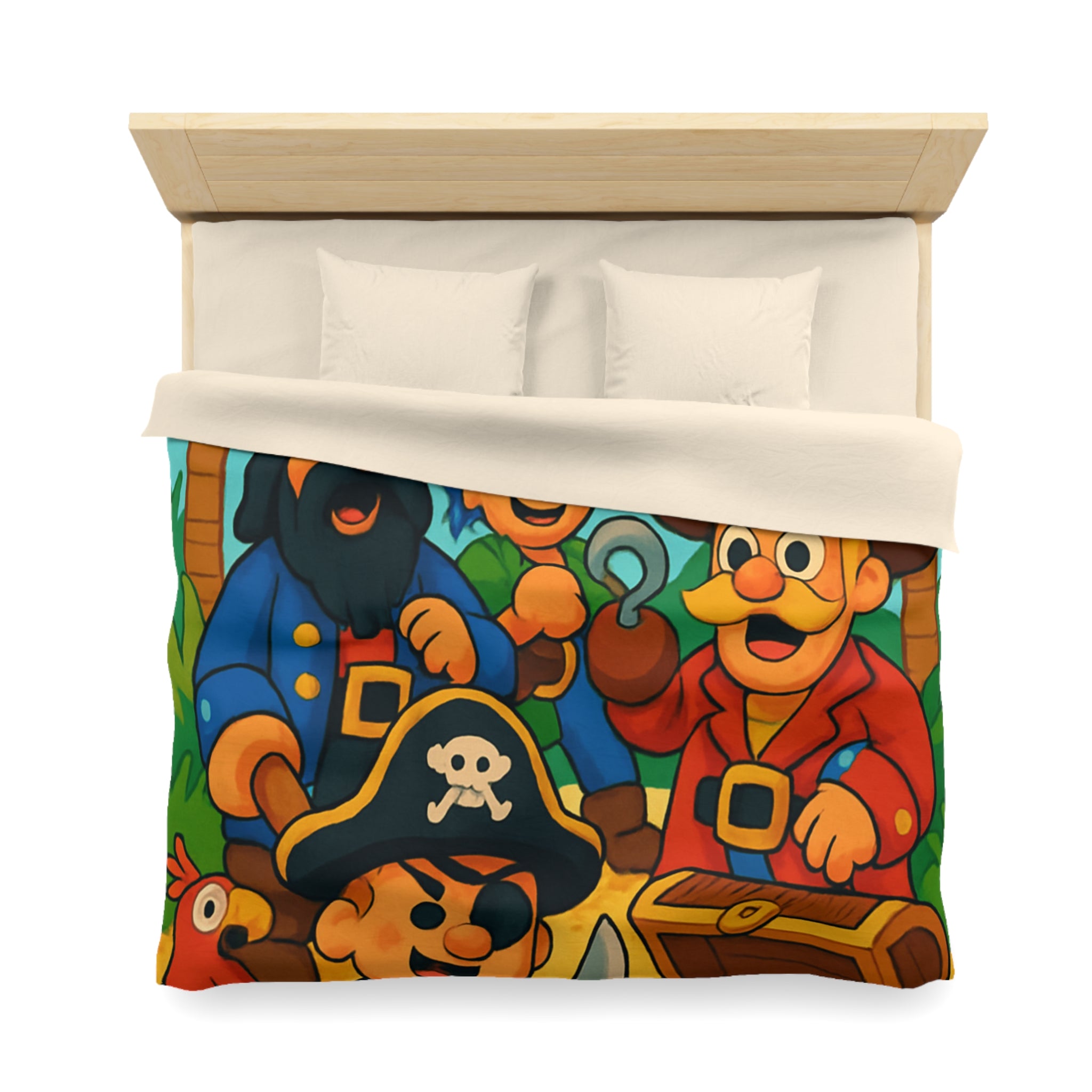 Housse de couette pirate colorée avec trésors, perroquets et personnages joyeux animés