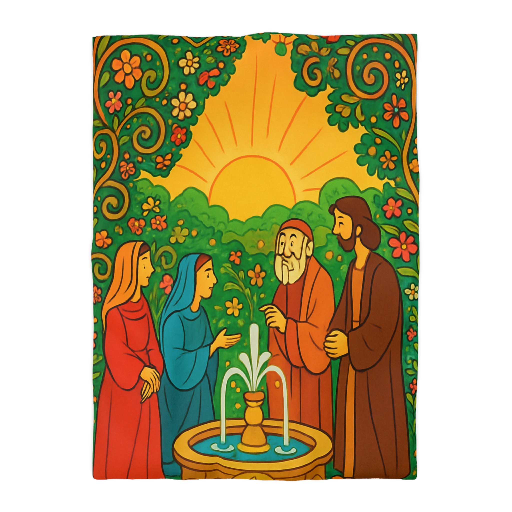 Housse de couette vibrante avec scène florale colorée et figures en discussion harmonieuse