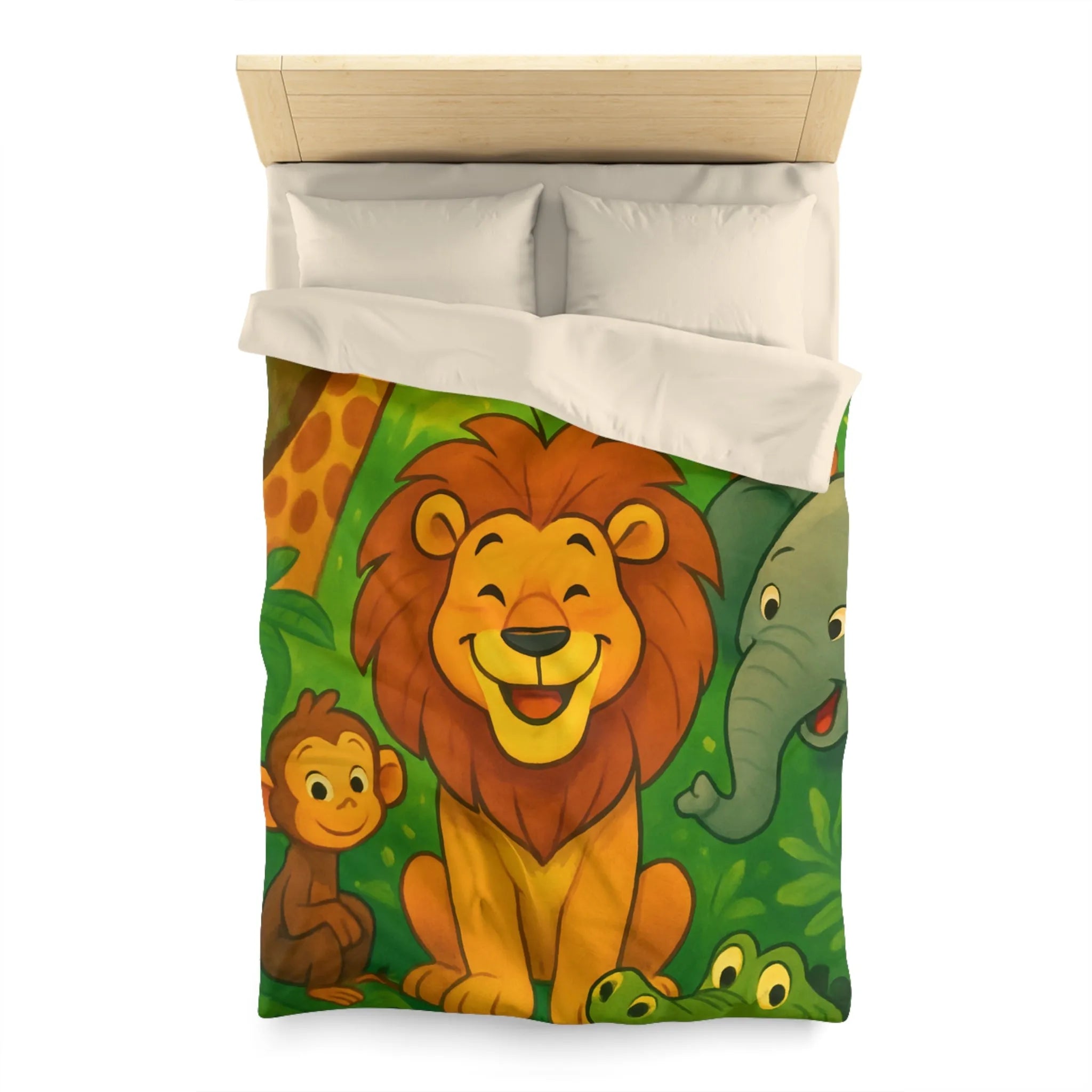 Housse de couette enfant jungle avec animaux joyeux, lion, tigre, girafe, éléphant