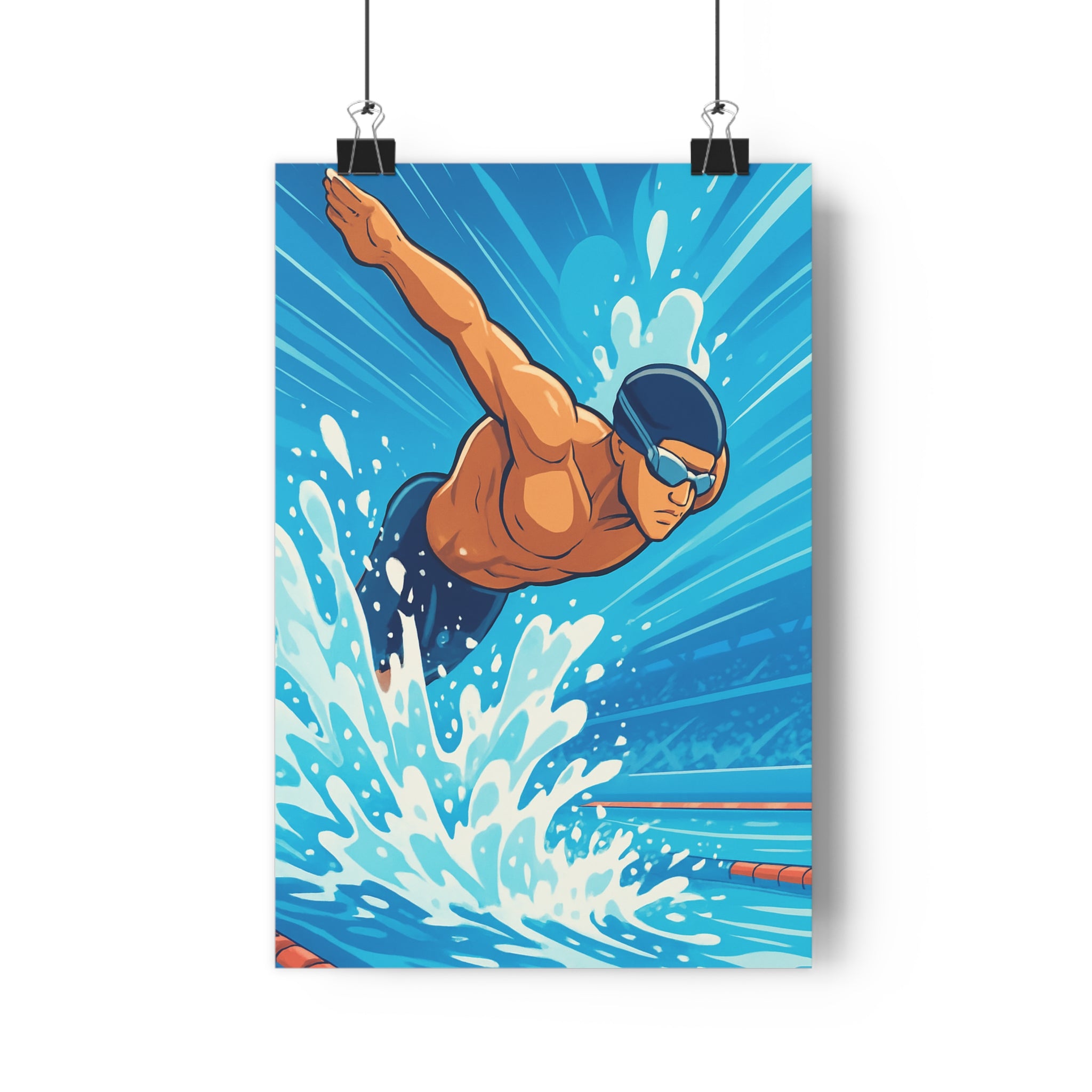 Poster décoratif animé bleu nageur sportif dynamique chambre bureau énergique action dessin 30x46 cm