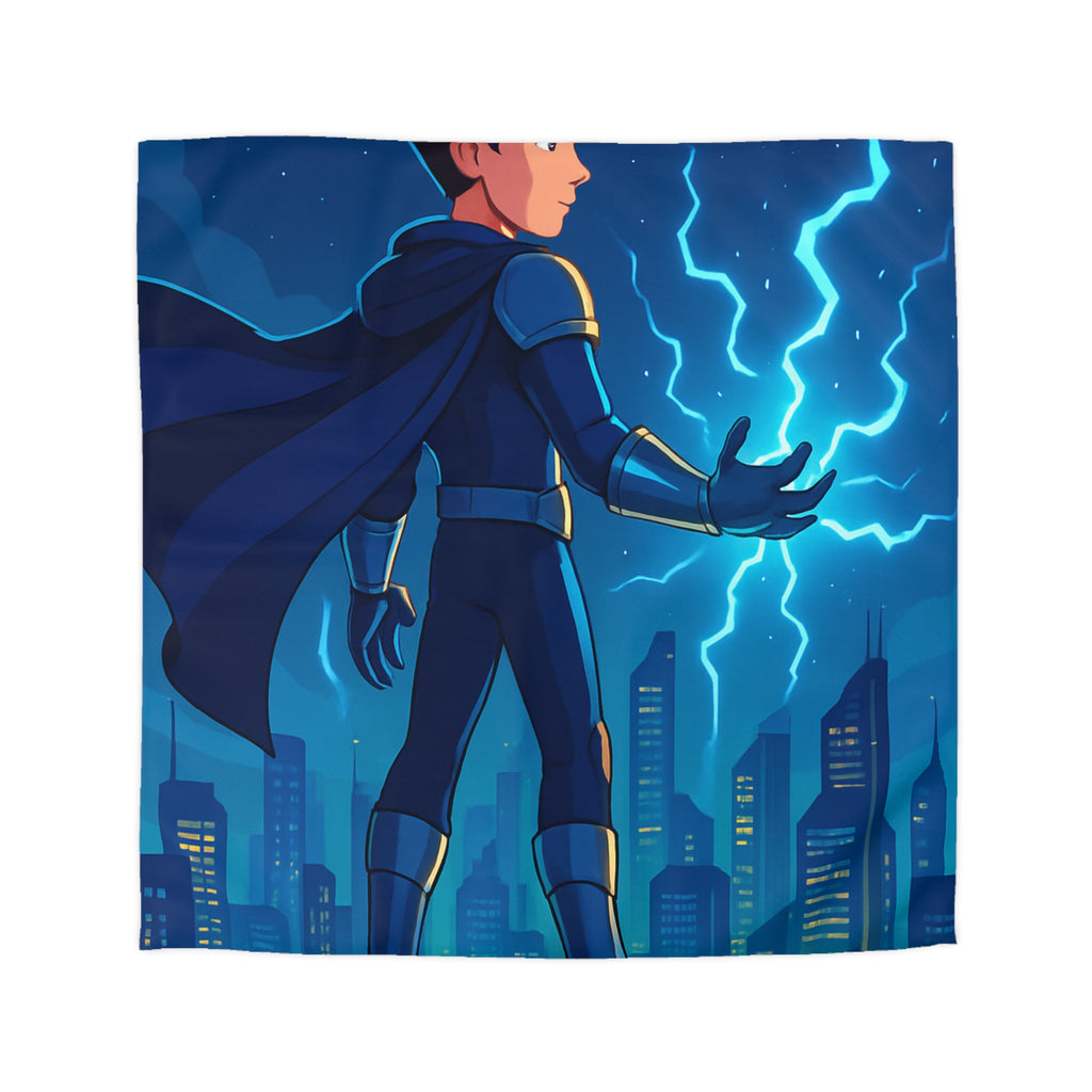 Housse de couette super-héros nocturne avec pouvoirs électriques et drones futuristes urbains