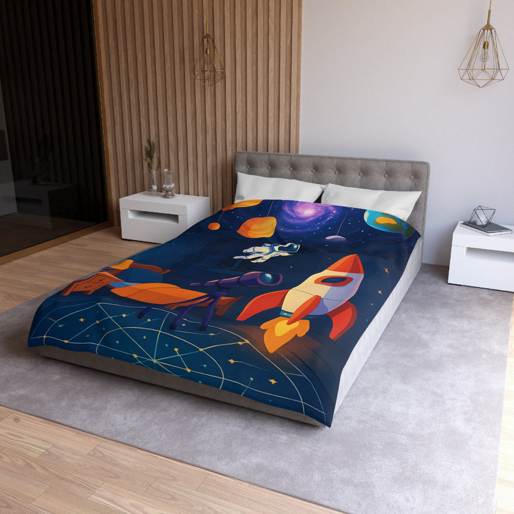 Housse de Couette Spatiale Enfant avec Astronaute Fusée et Planètes Colorées