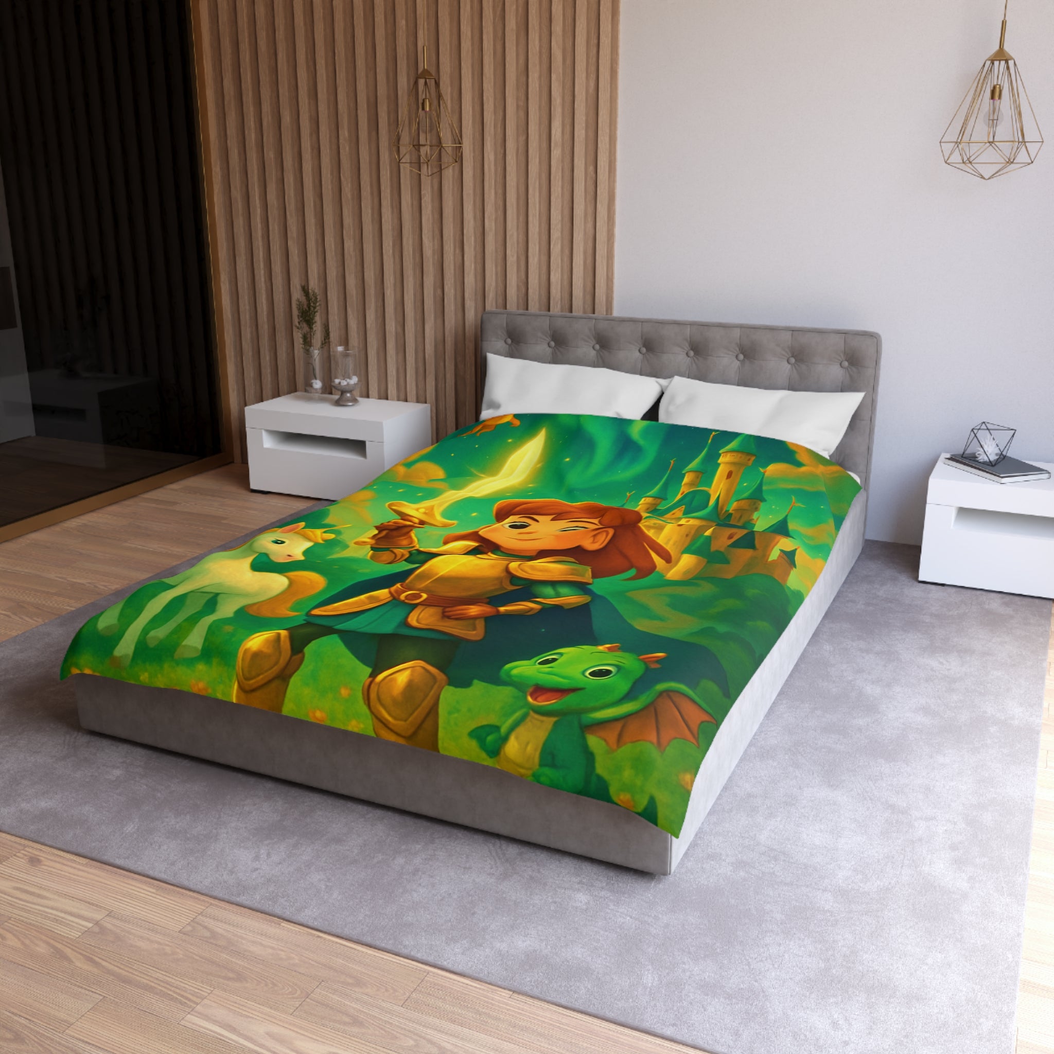 Housse de couette pour enfants avec chevalier, château et animaux fantastiques