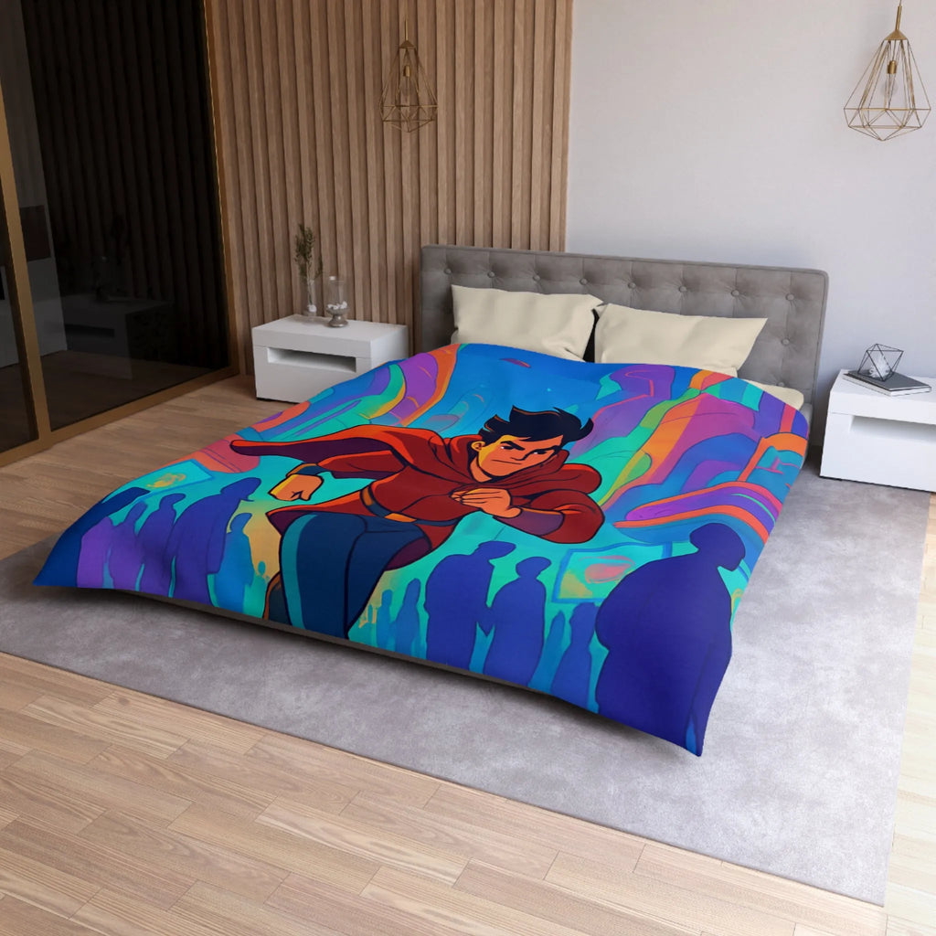 Housse de Couette avec Héros Futuriste Rouge Courant dans Ville Colorée et Dynamique