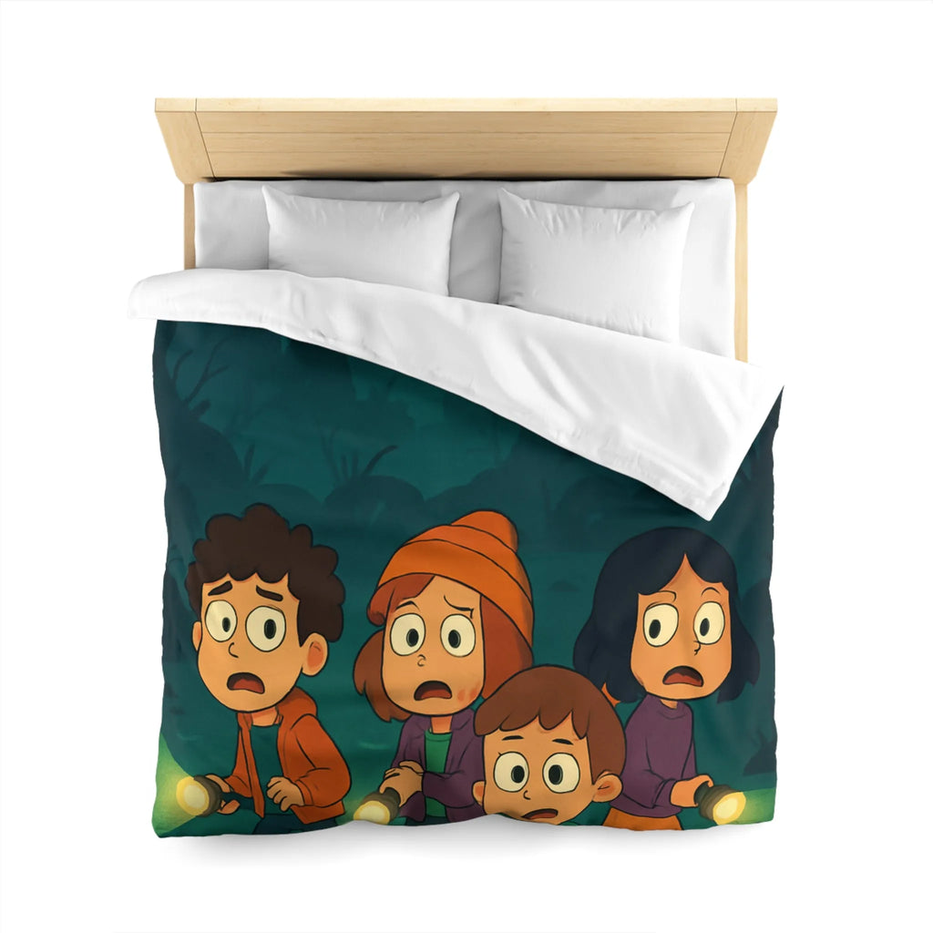 Housse de couette illustrée avec enfants explorant forêt mystérieuse par nuit de pleine lune