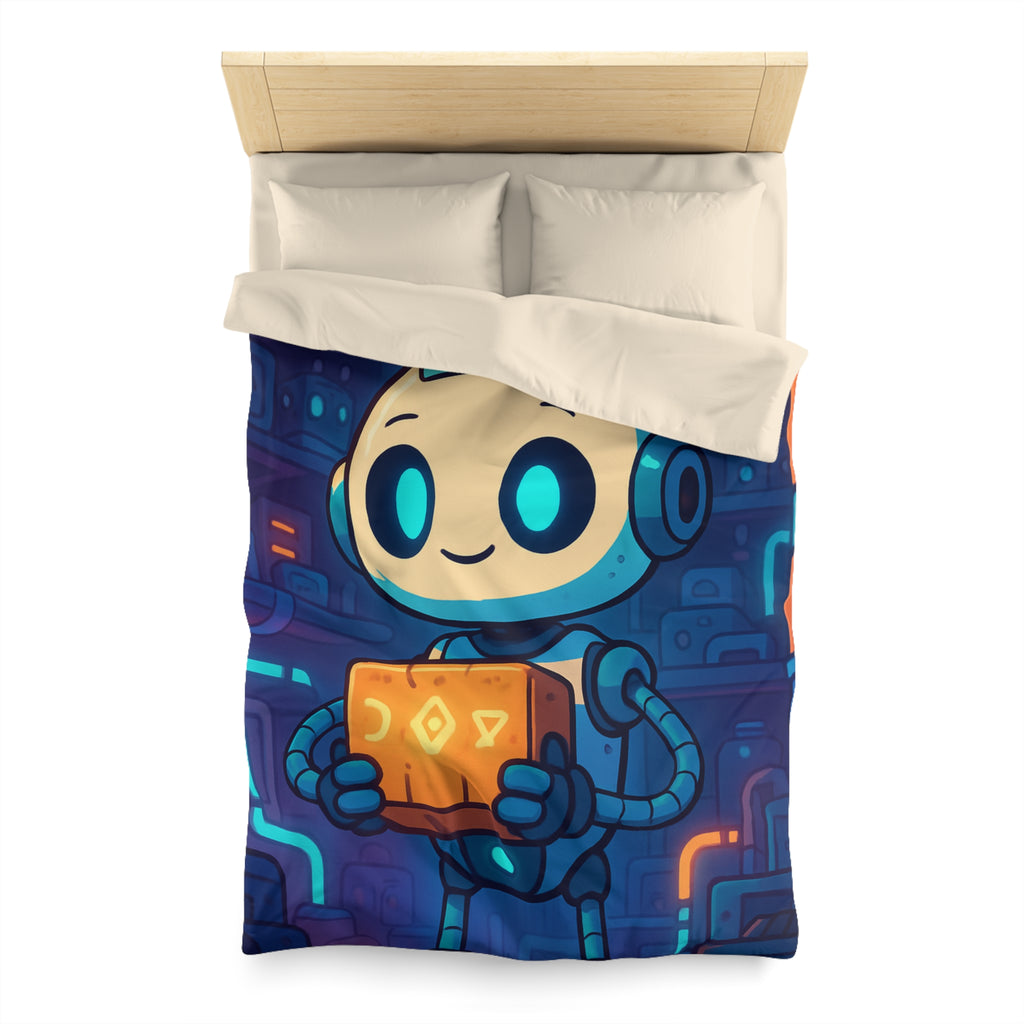 Housse de couette robot ludique bleu avec boîte mystérieuse ambiance futuriste enfantine