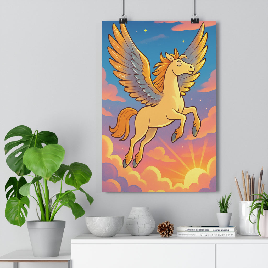 Poster décoratif fantaisie cheval doré volant ciel nuages colorés chambre enfant magique rêveur vibrant