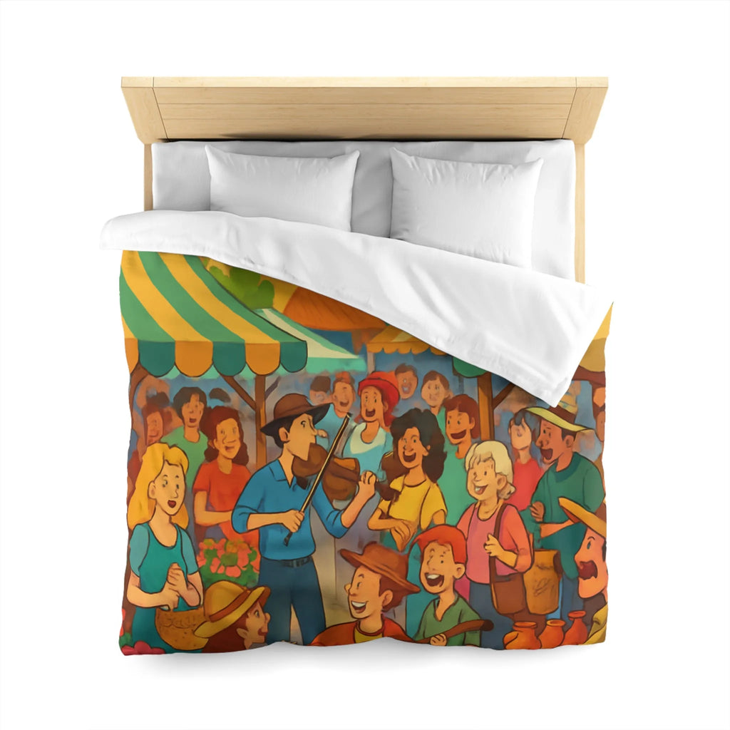 Housse de couette colorée avec scène de marché animé et ambiance joyeuse en plein air