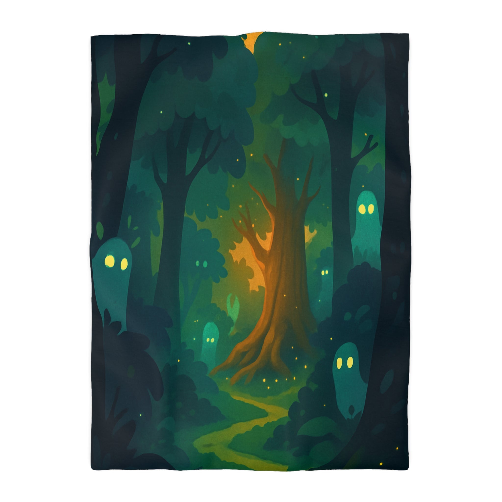 Housse de couette mystérieuse forêt enchantée avec esprits lumineux et sentier sinueux