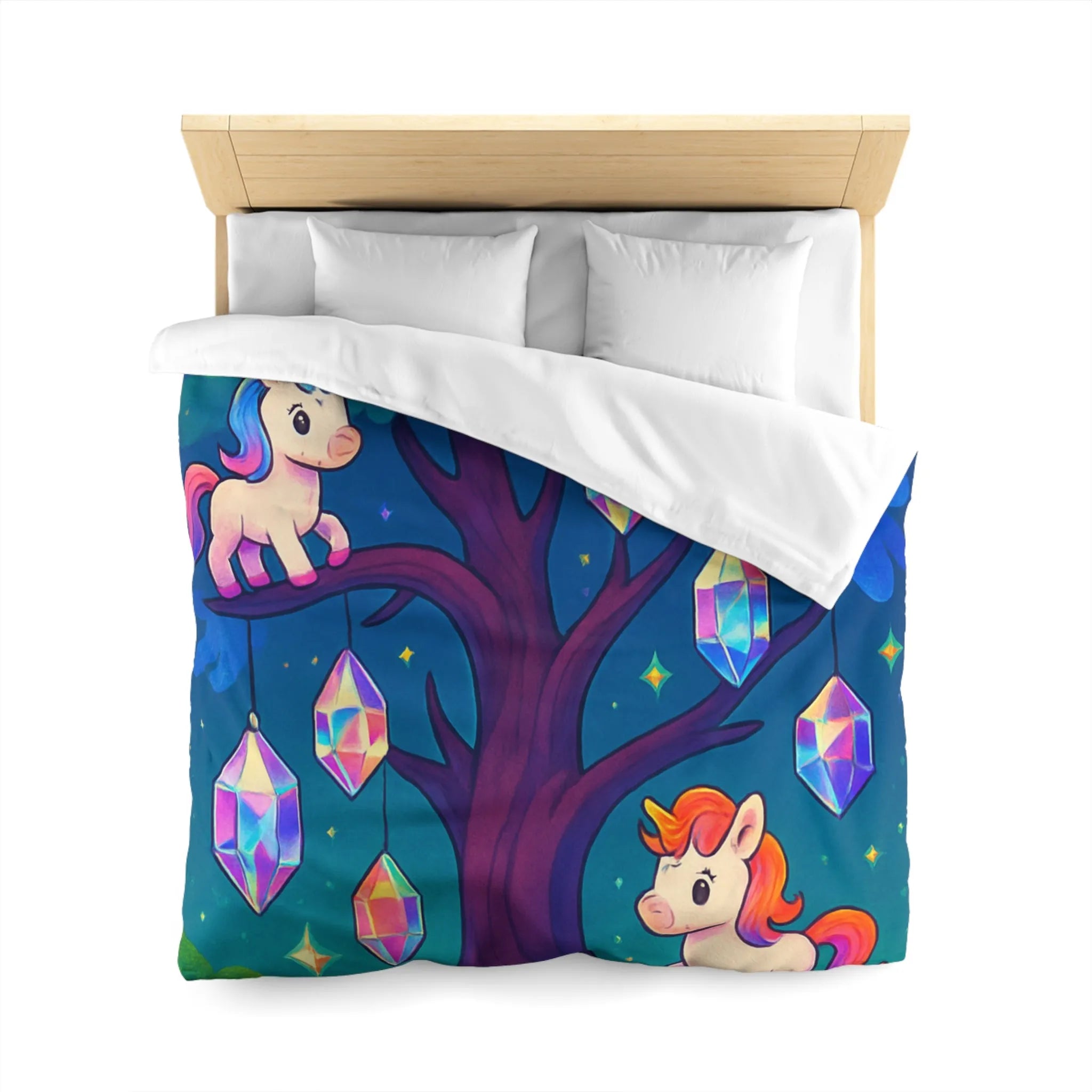 Housse de couette enfantine avec licornes, phénix, arbre magique et cristaux lumineux
