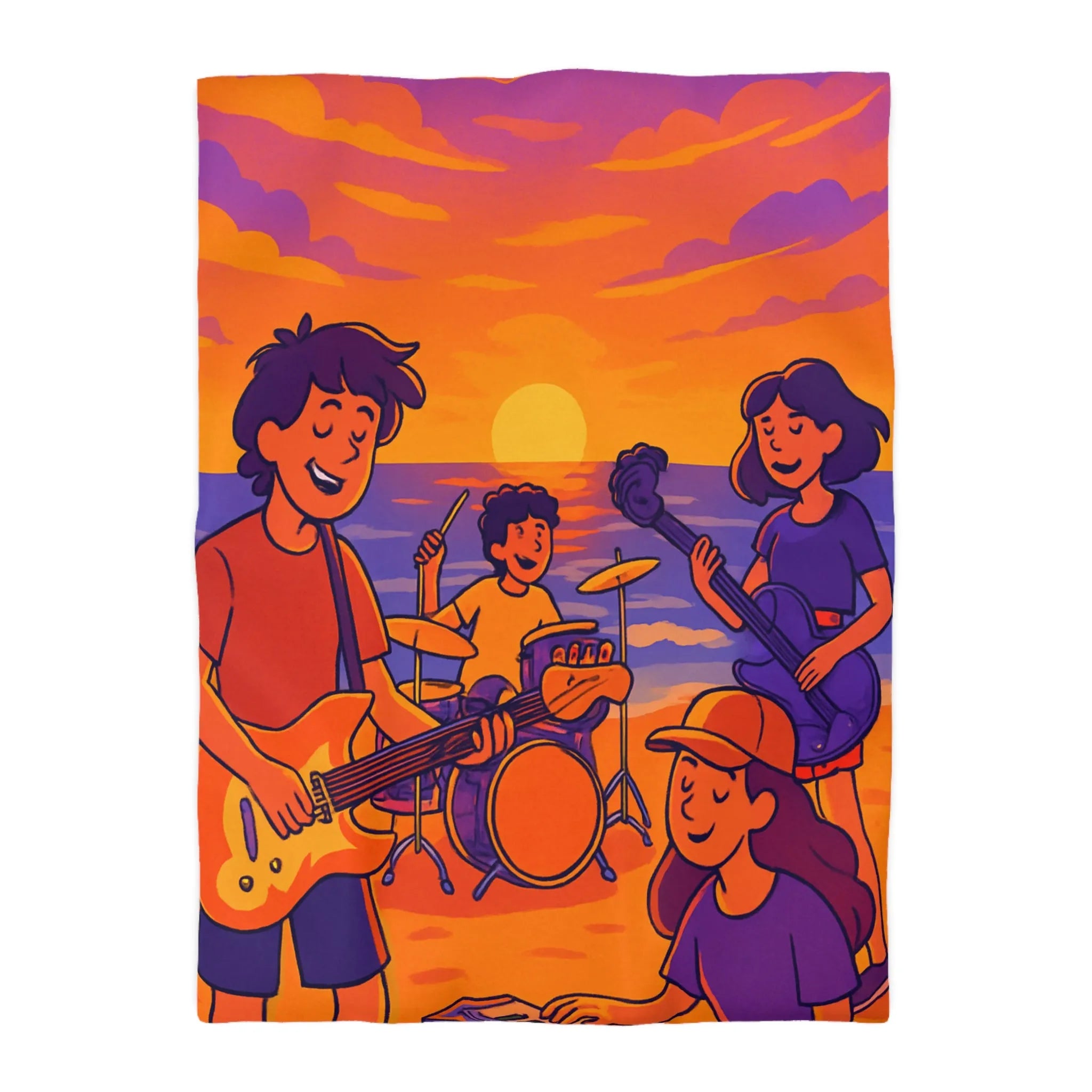 Housse de couette illustration plage coucher de soleil band rock ambiance musicale artistique