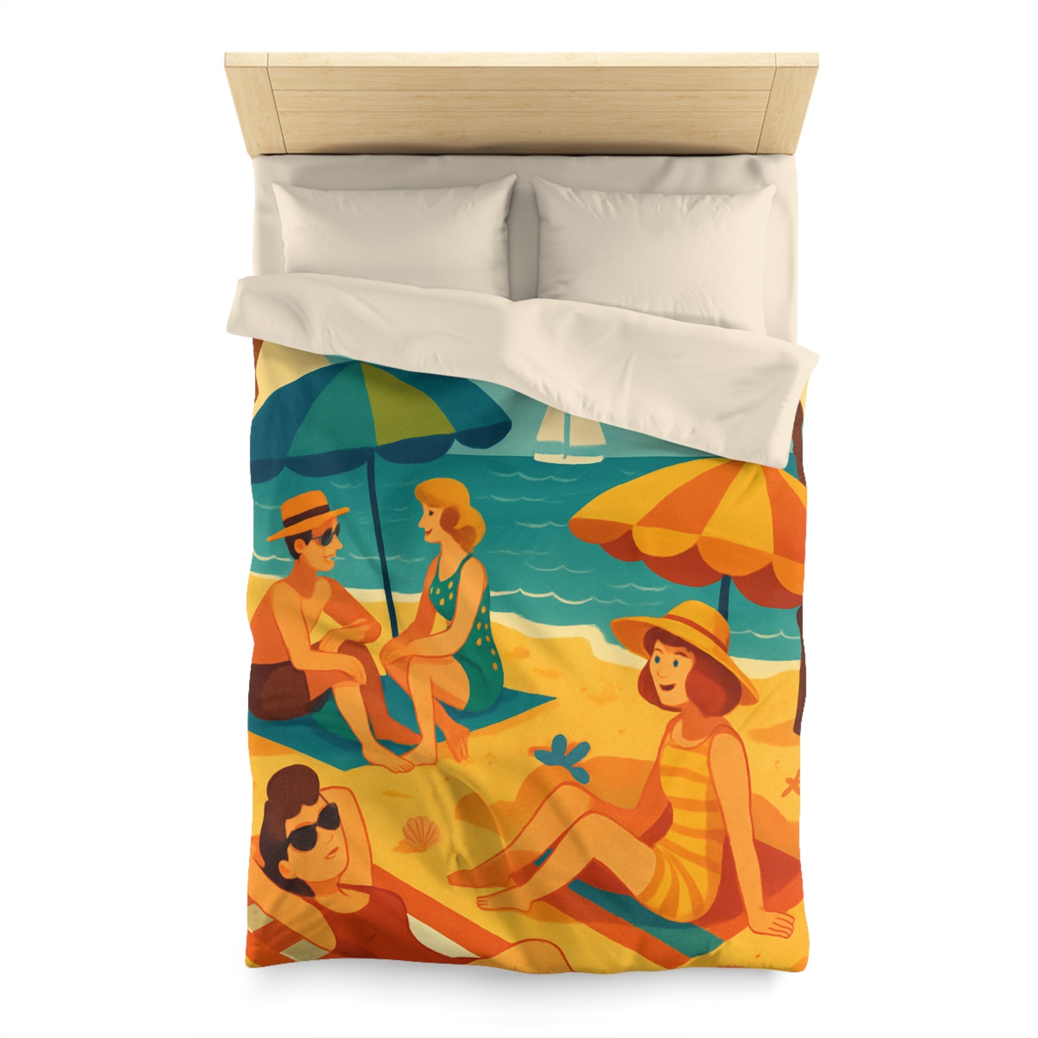 Housse de couette rétro plage colorée avec palmiers, parasols et amis au soleil