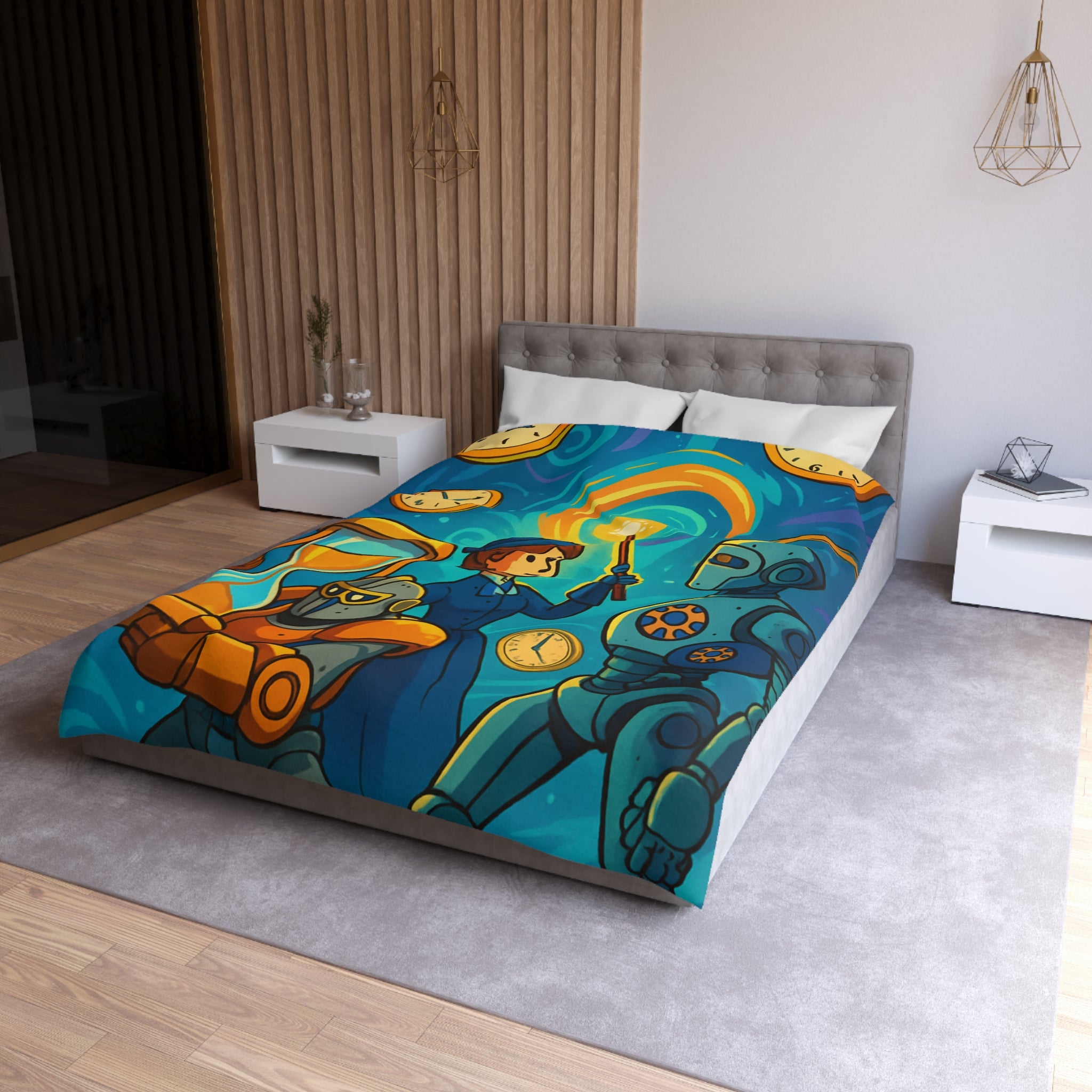 Housse de couette thème science fiction avec robots et horloges pour chambre moderne