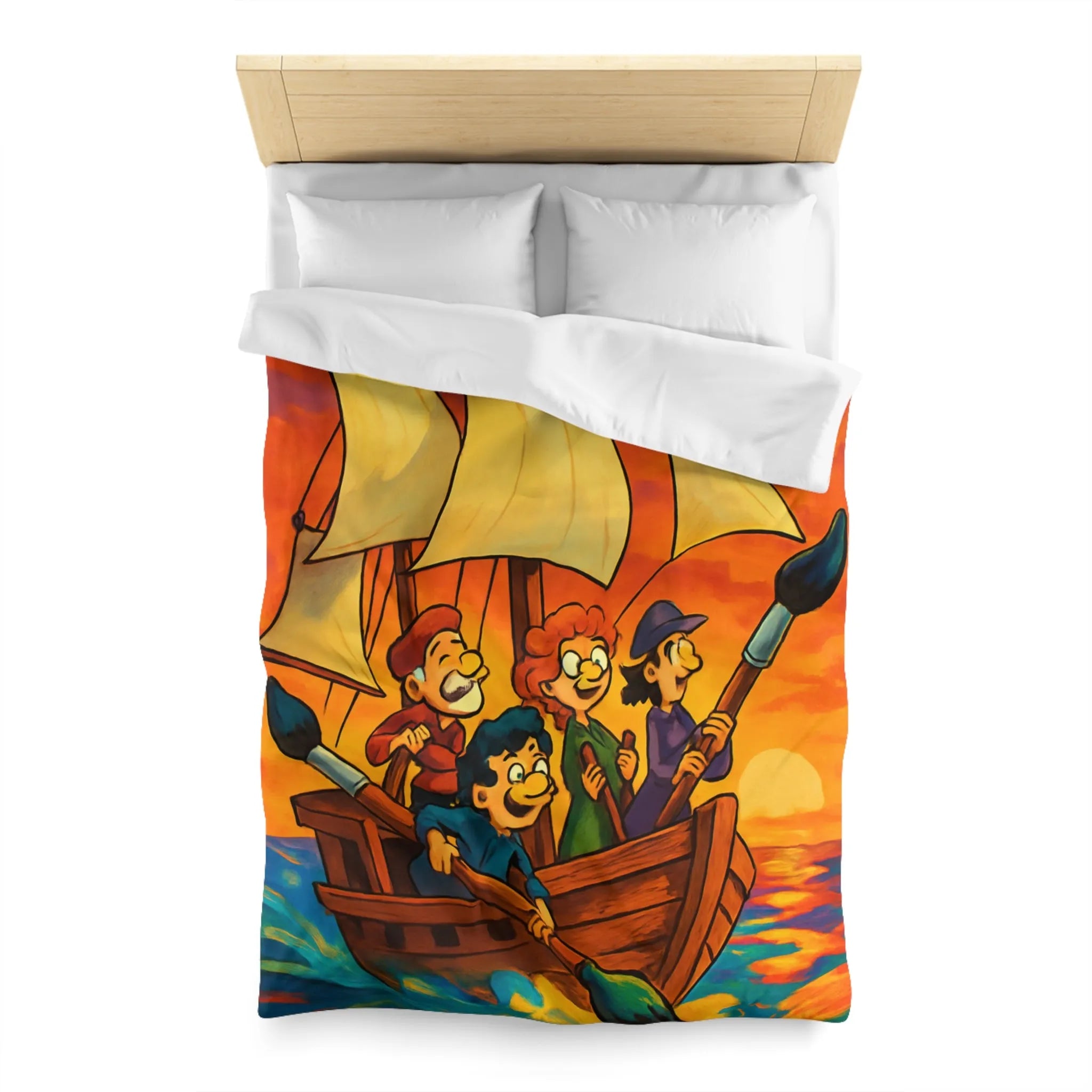 Housse de couette illustrée avec bateau et ciel coloré au coucher du soleil