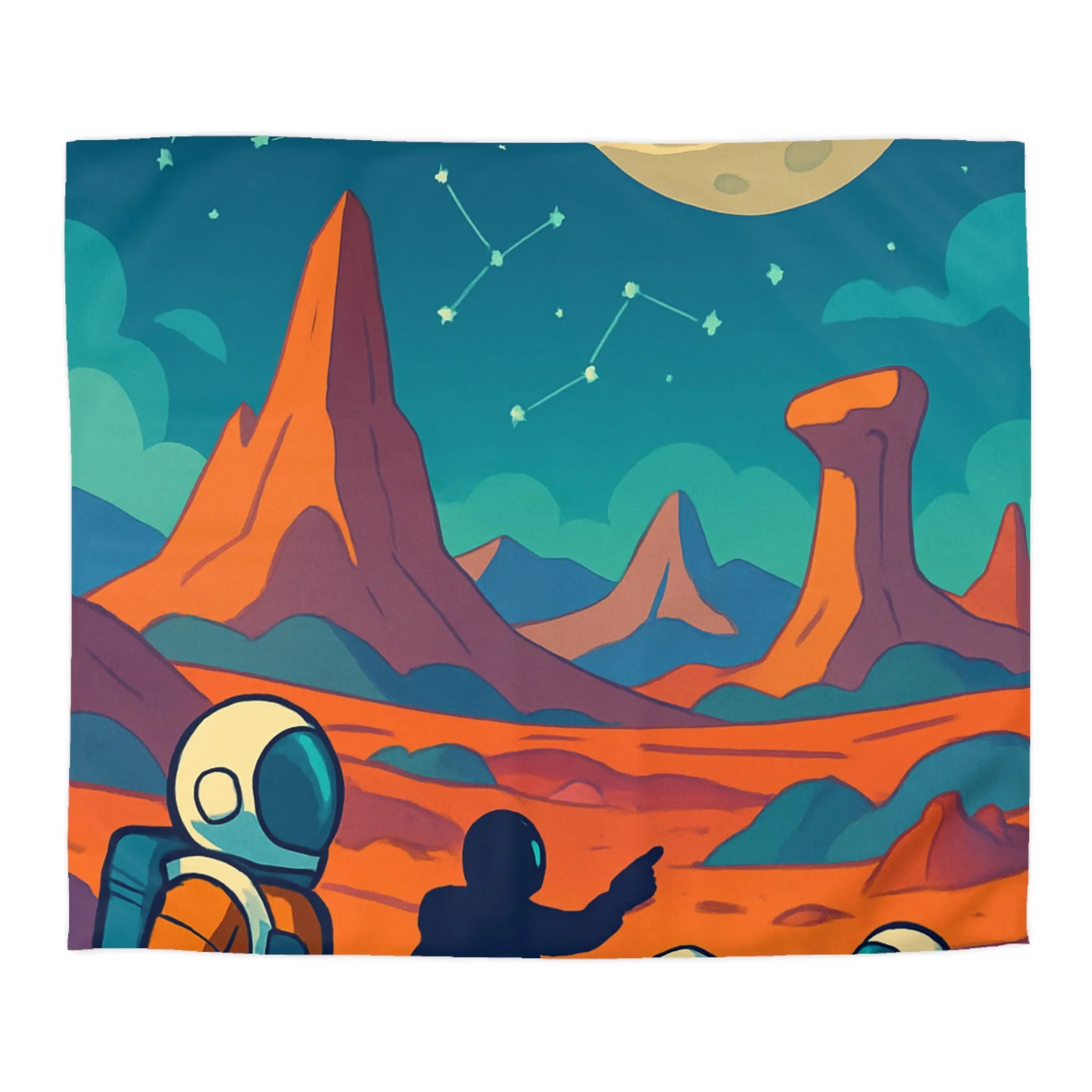 Exploration spatiale colorée : Astronautes sous la lune et constellations étoilées