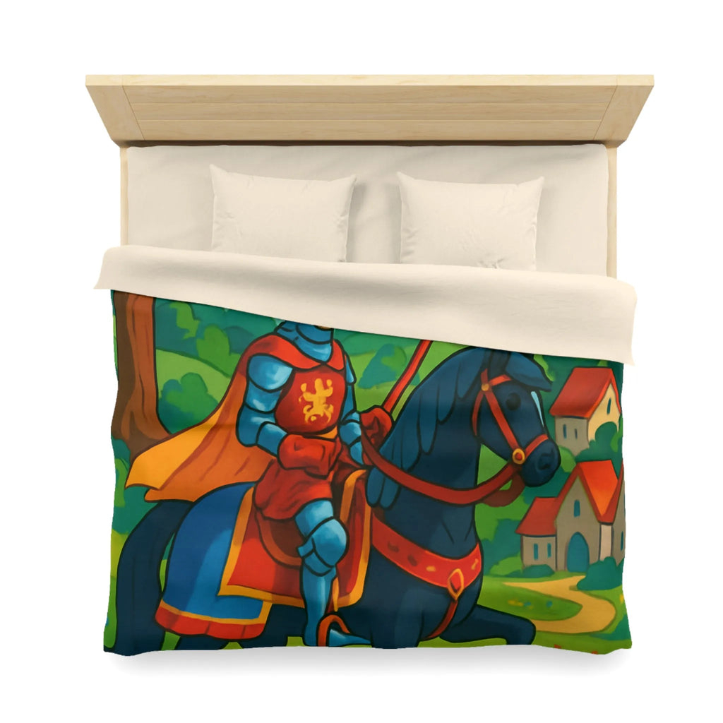 Housse de couette chevalier médiéval illustrée avec château et paysage floral vibrant