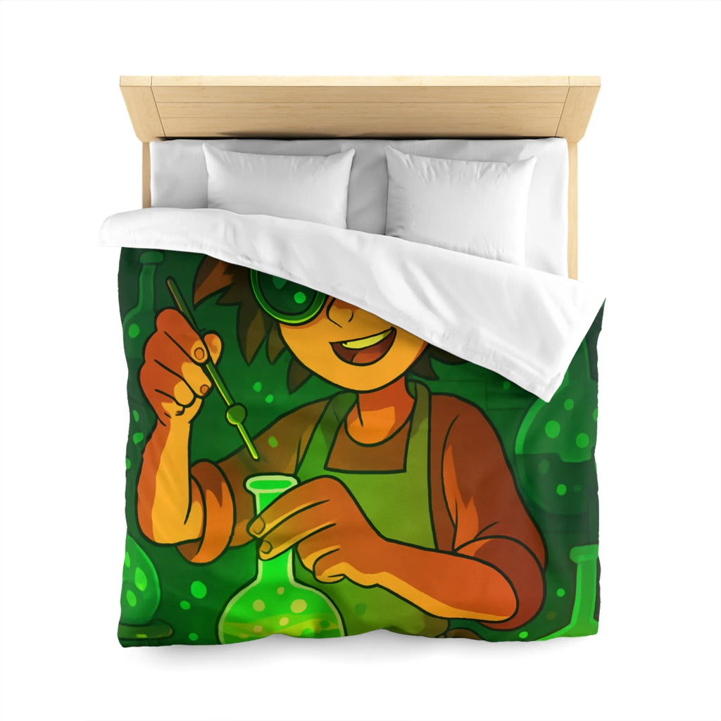 Housse de couette colorée avec un jeune chimiste dans un laboratoire mystérieux et magique