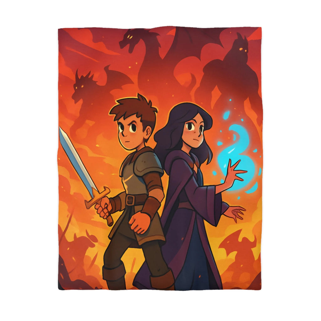 Housse de couette épique, jeunes aventuriers et dragons incandescents en fantaisie captivante