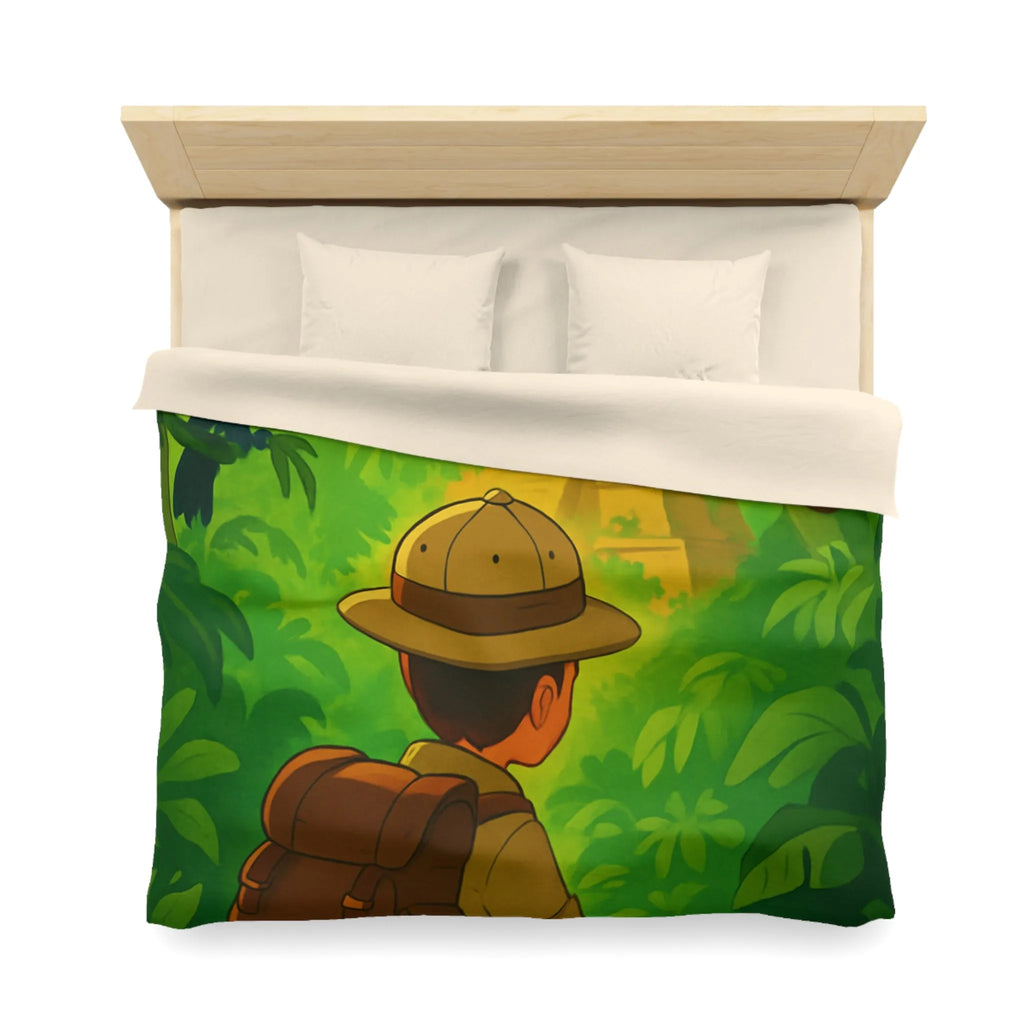 Housse de couette jungle avec aventurier, singe et toucan, ambiance explorateur