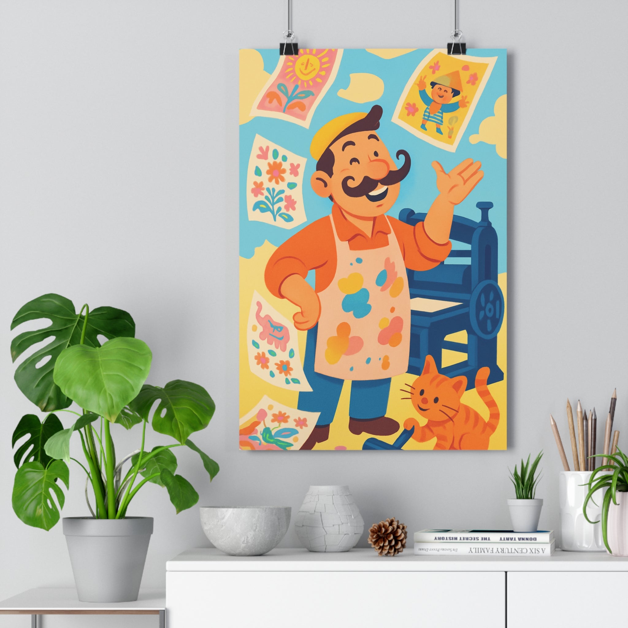 Poster décoratif cartoon chat orange couleurs vives ludique chambre enfant joyeux gai 30x46 cm