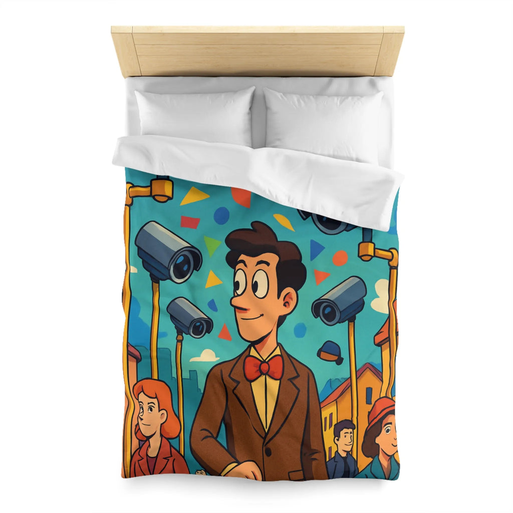 Housse de couette colorée avec motifs géométriques et personnages sous caméras de surveillance