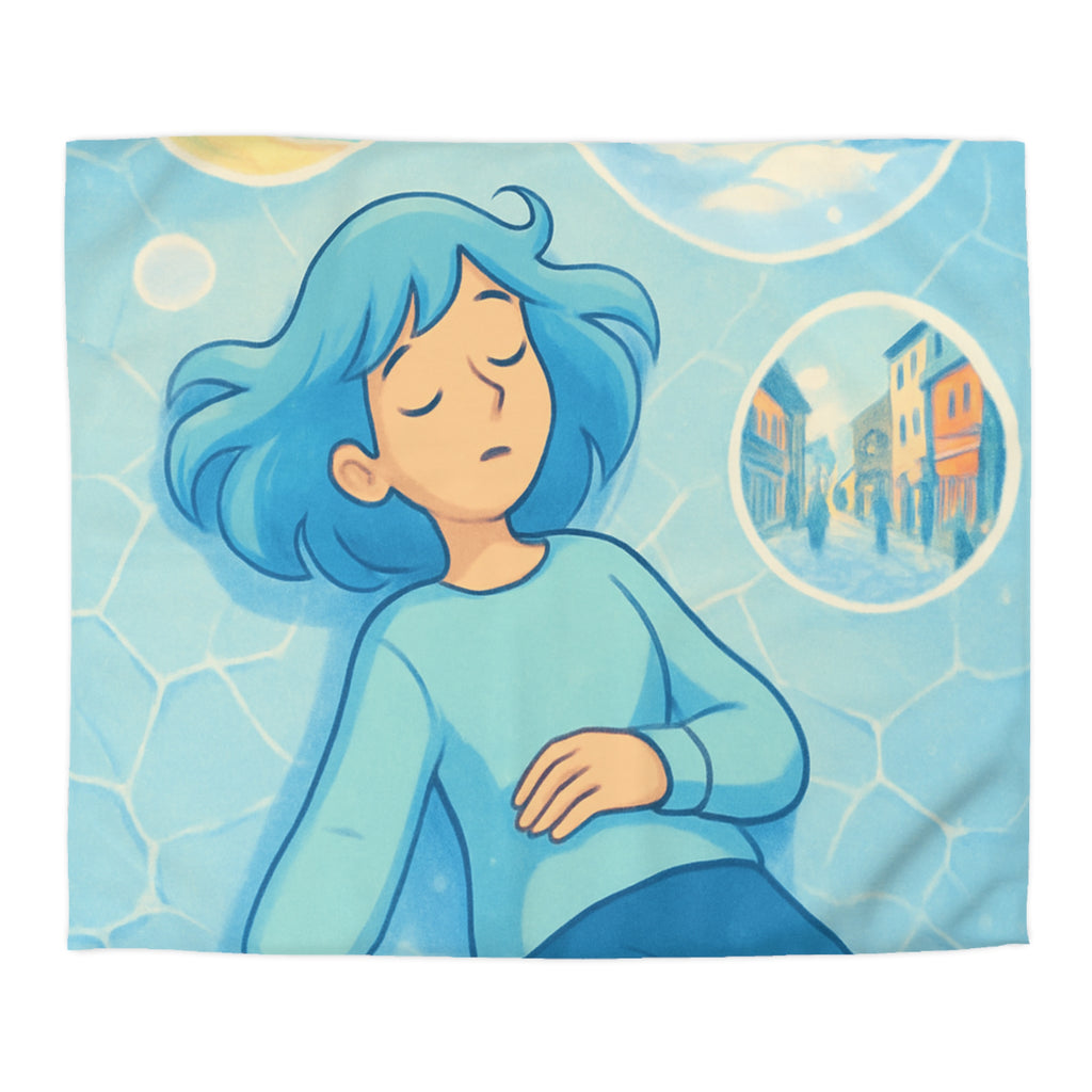 Housse de couette rêve bleuté avec motifs oniriques et paysages variés enchanteurs