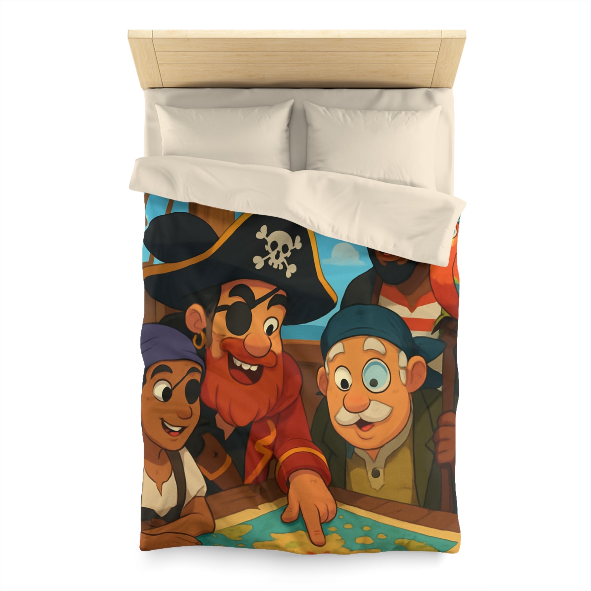 Housse de couette pirate colorée avec carte au trésor et équipage amical joyeux