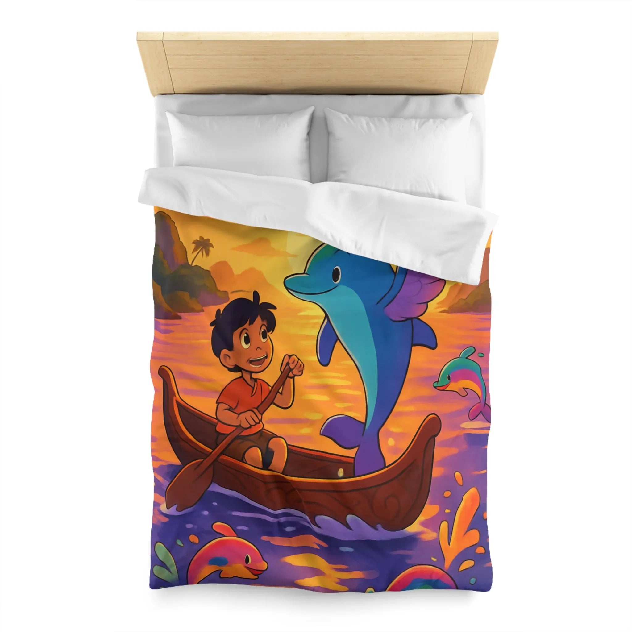 Housse de Couette Enfant : Dauphin Bleu, Aventure en Barque, Coucher de Soleil