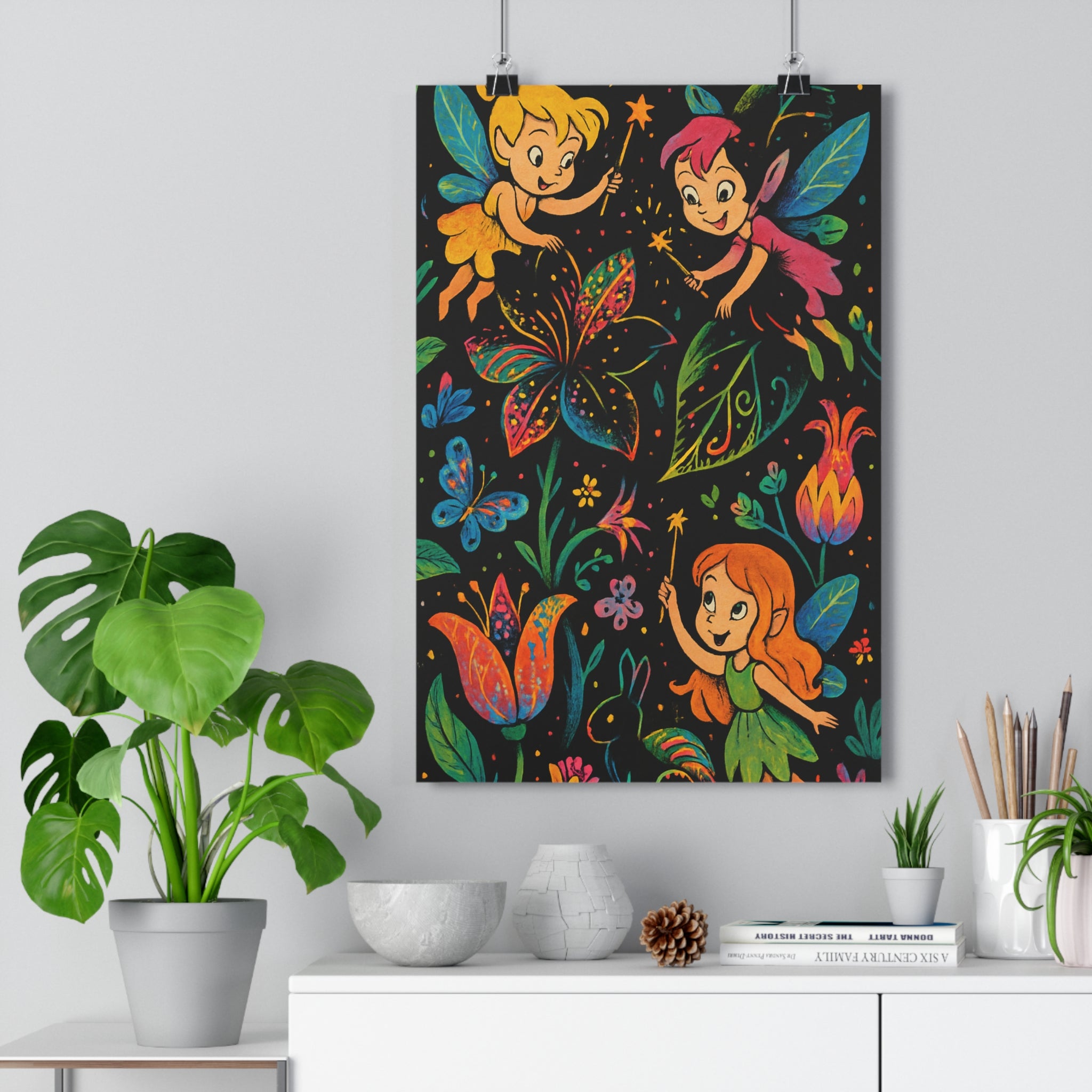 Poster décoratif féerique enfant jardin enchanté dessin animé coloré magique joyeux papillons fleurs 30x46