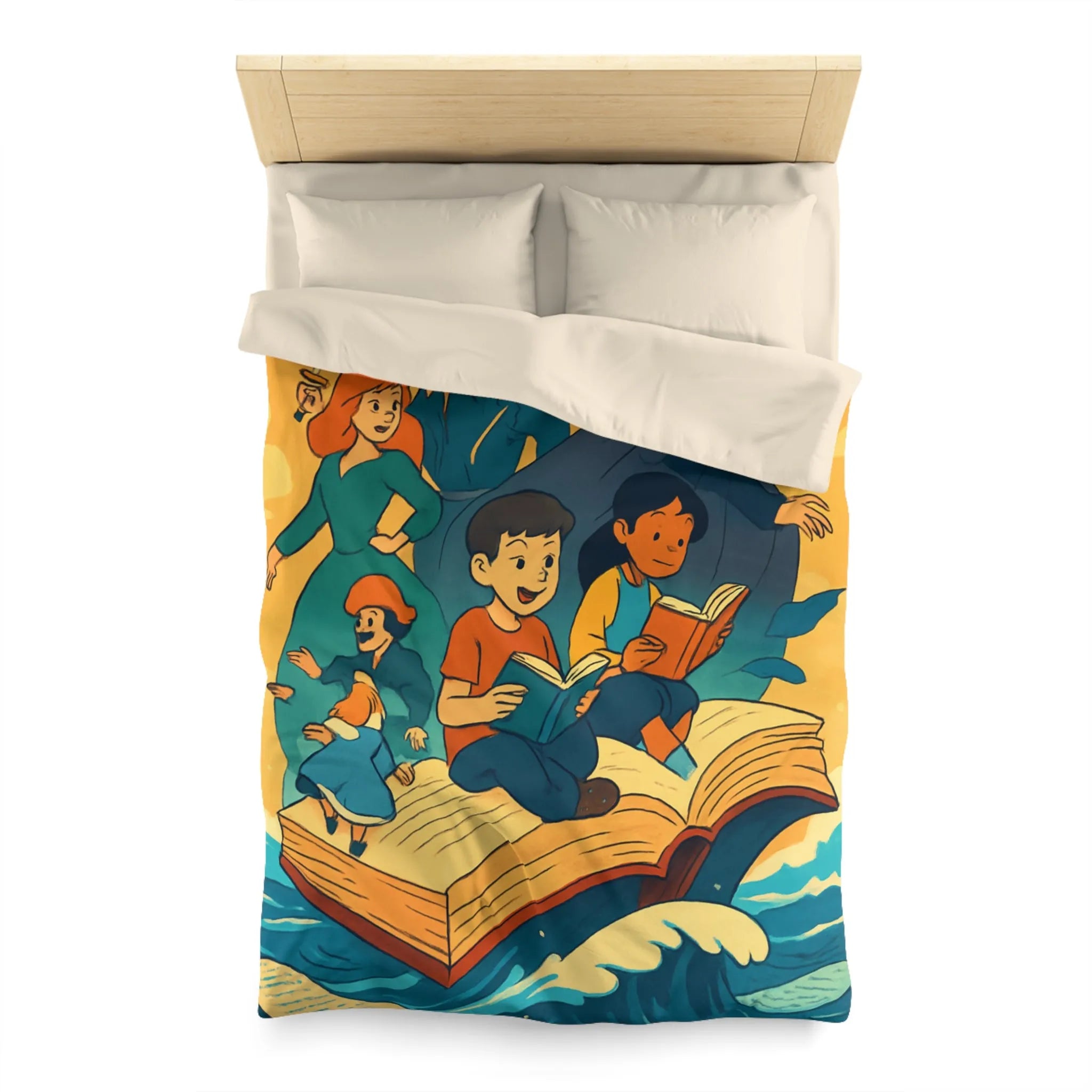Housse de couette enfant rêve fantastique avec livre, vagues et personnages imaginaires