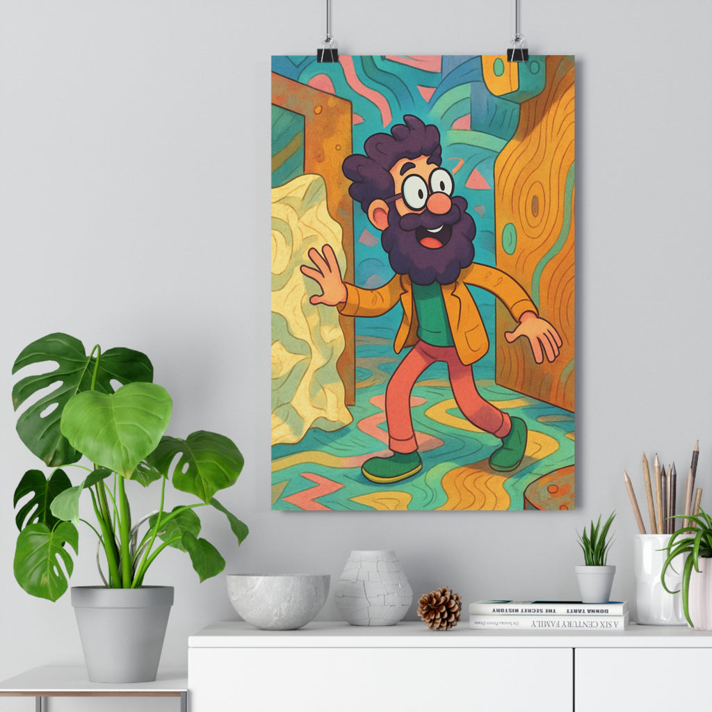 Poster décoratif cartoon bleu jaune rose joyeux salon chambre enfant design vibrant créatif immersif