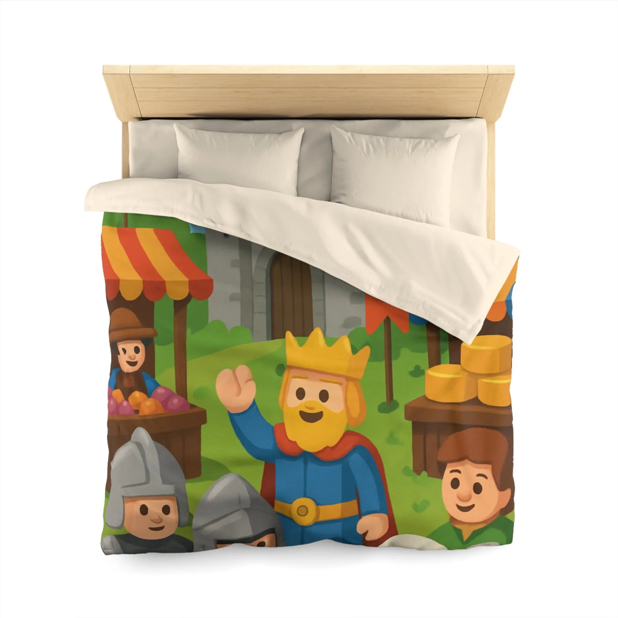 Housse de Couette Ludique Moyen Âge Château Roi et Marché Animé Coloré