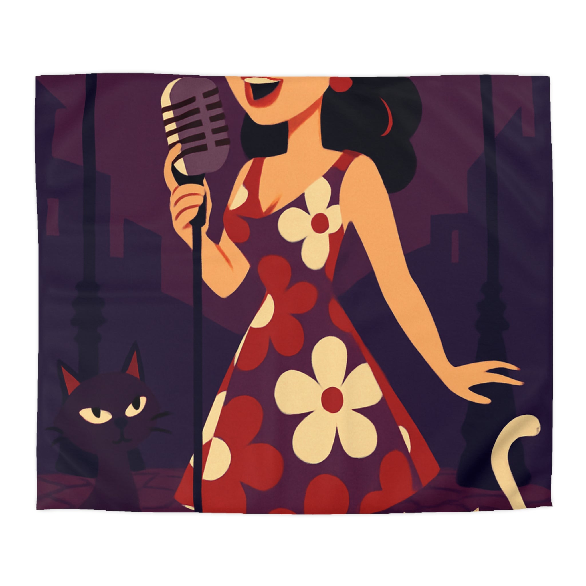Housse de Couette Vintage avec Chanteuse Rétro et Chats sous Réverbères Nocturnes