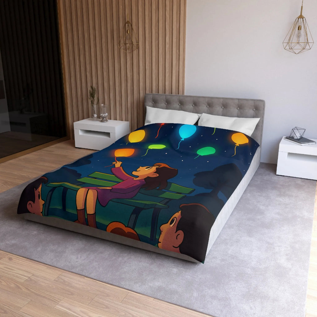 Housse de couette colorée avec ballons lumineux flottant dans un ciel étoilé magique