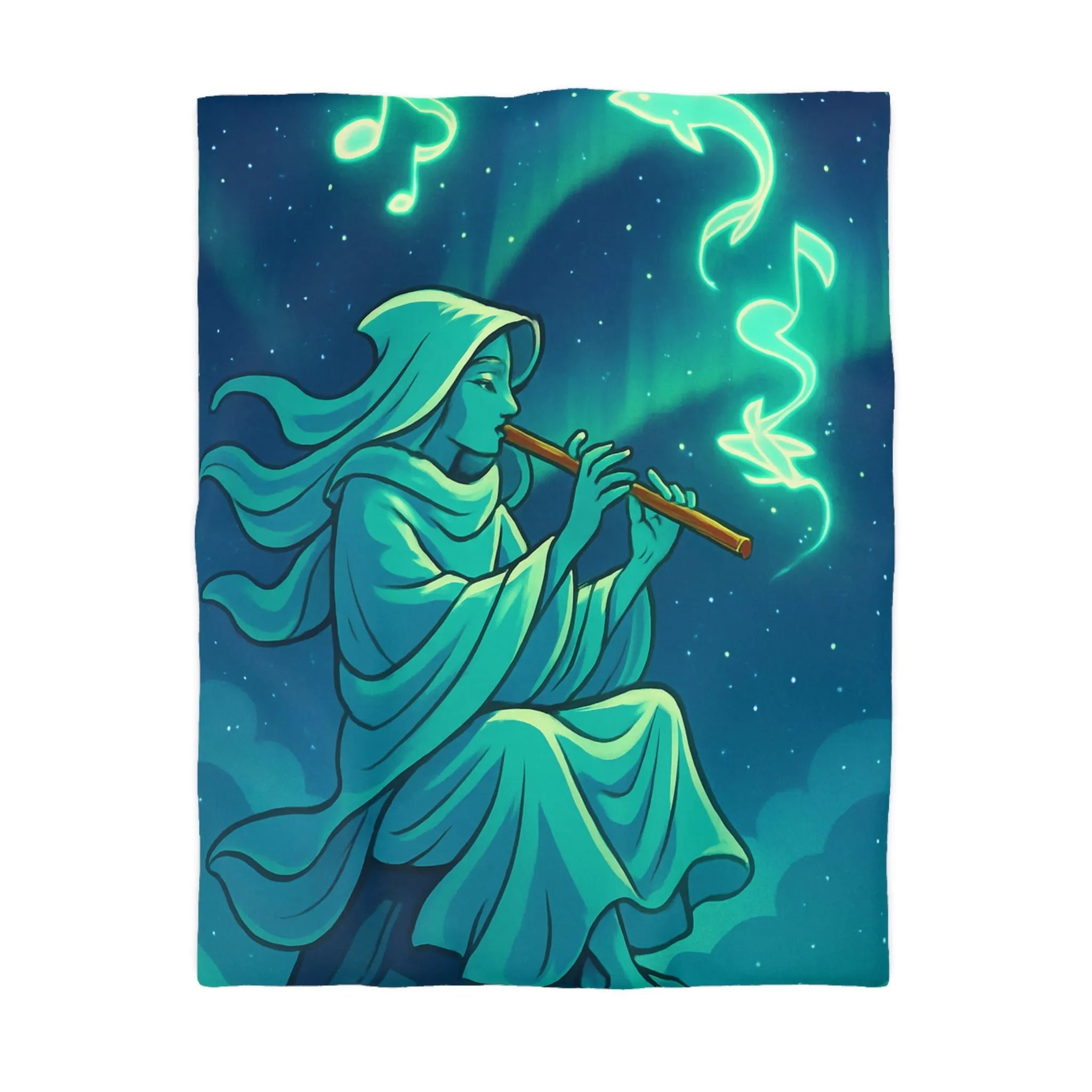 Housse de couette magique avec joueur de flûte créant des formes lumineuses célestes
