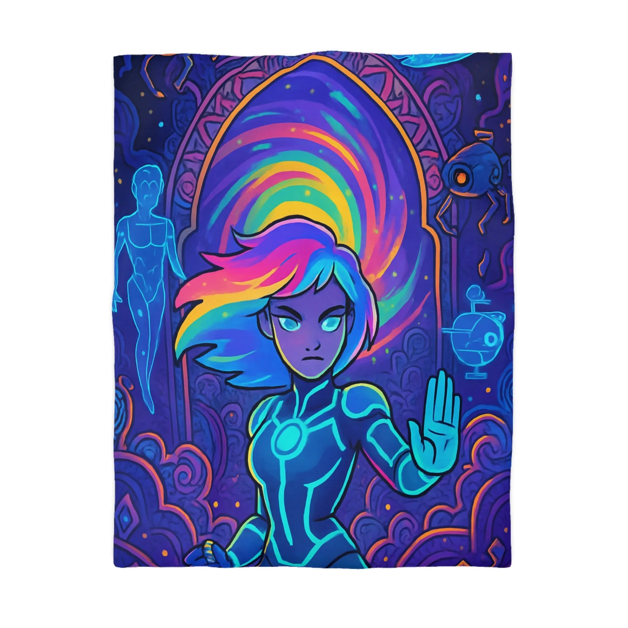 Housse de couette futuriste avec design néon multicolore et personnage dynamique