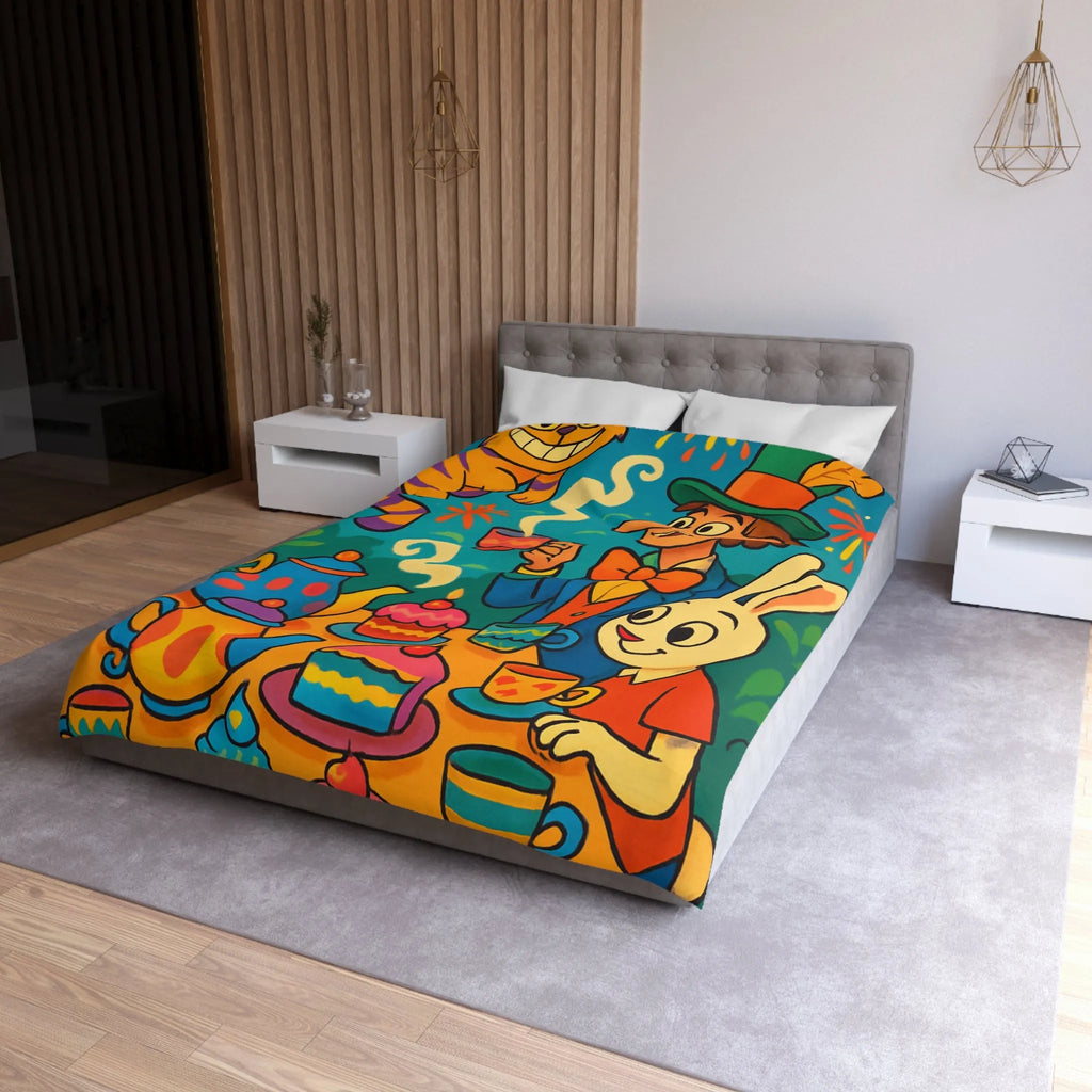 Housse de couette colorée avec scène de thé joyeuse inspirée d'un conte fantaisiste