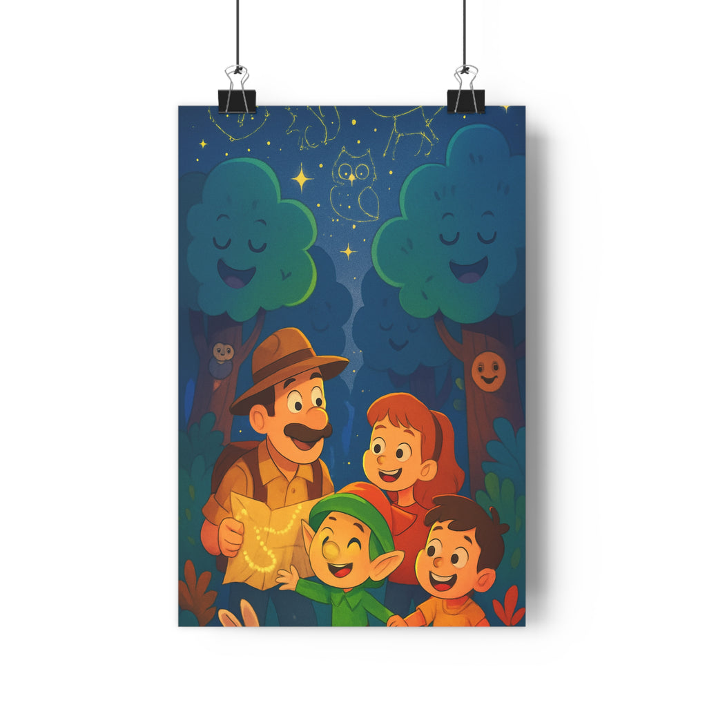 Poster décoratif aventure forêt enchantée joyeux mystique chambre enfant magique explorateur animaux lumineux étoiles