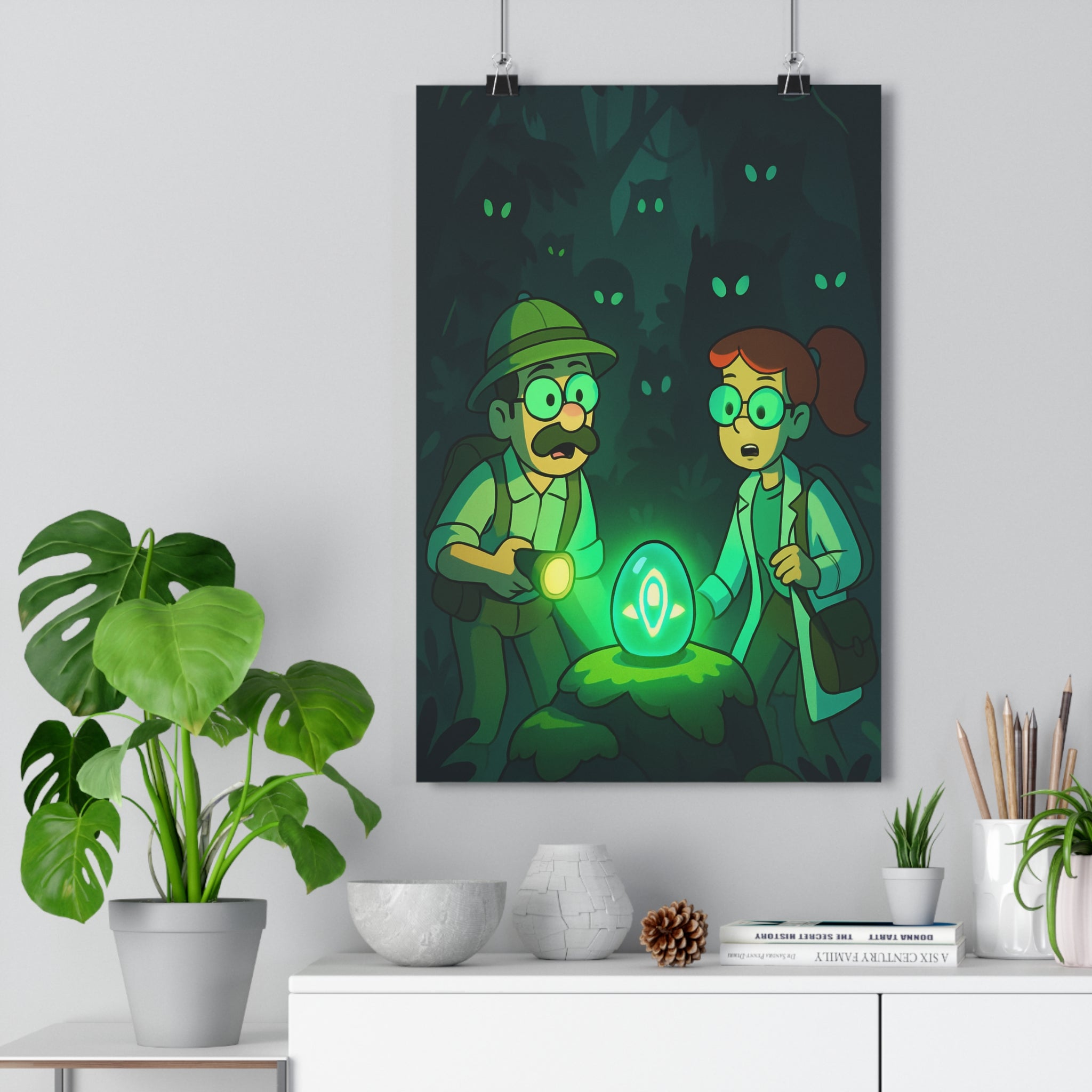 Poster décoratif animé mystique aventure forêt sombre vert bleu bureau chambre intrigant explorateur lumineux