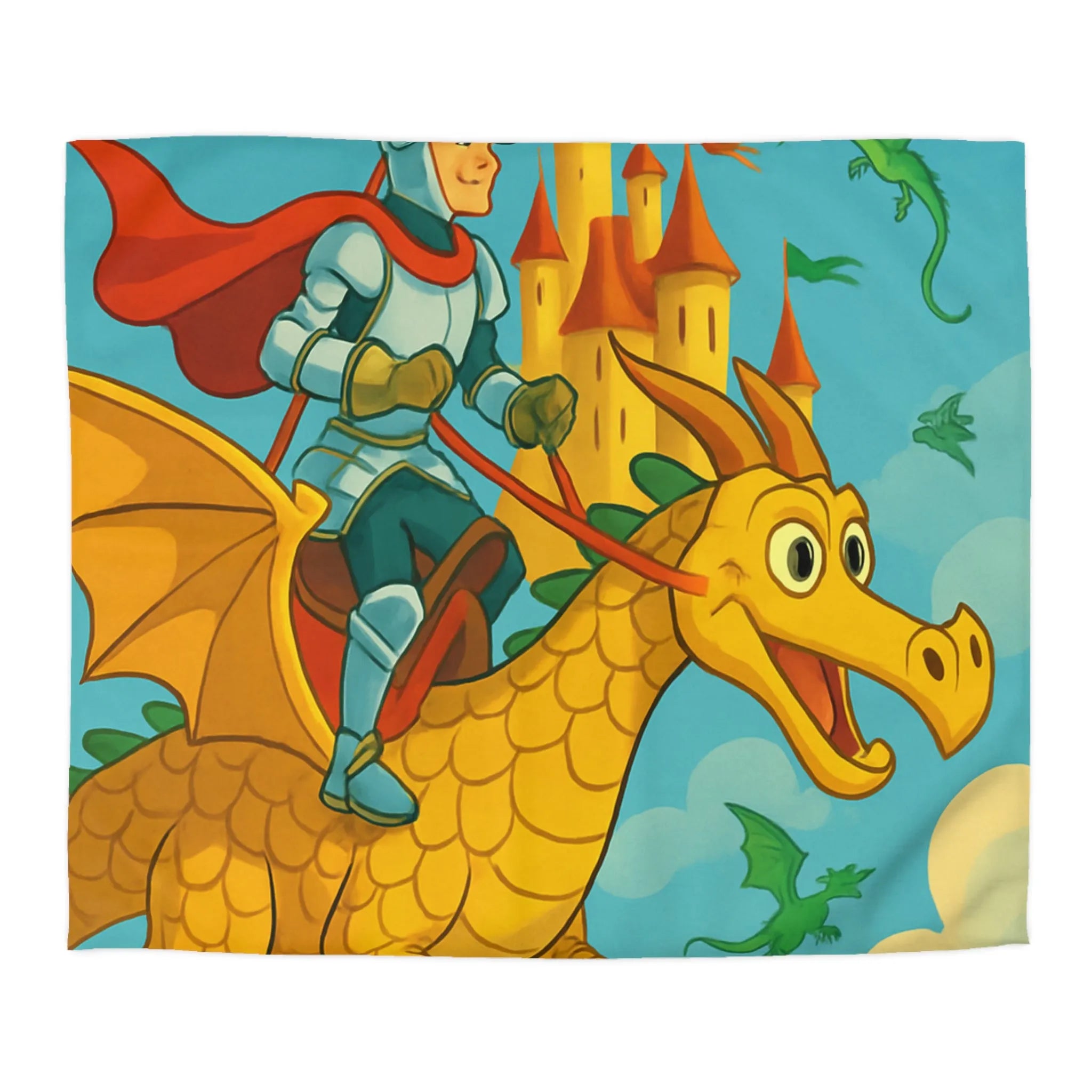 Housse de couette avec chevalier courageux chevauchant un dragon doré au-dessus château fantastique