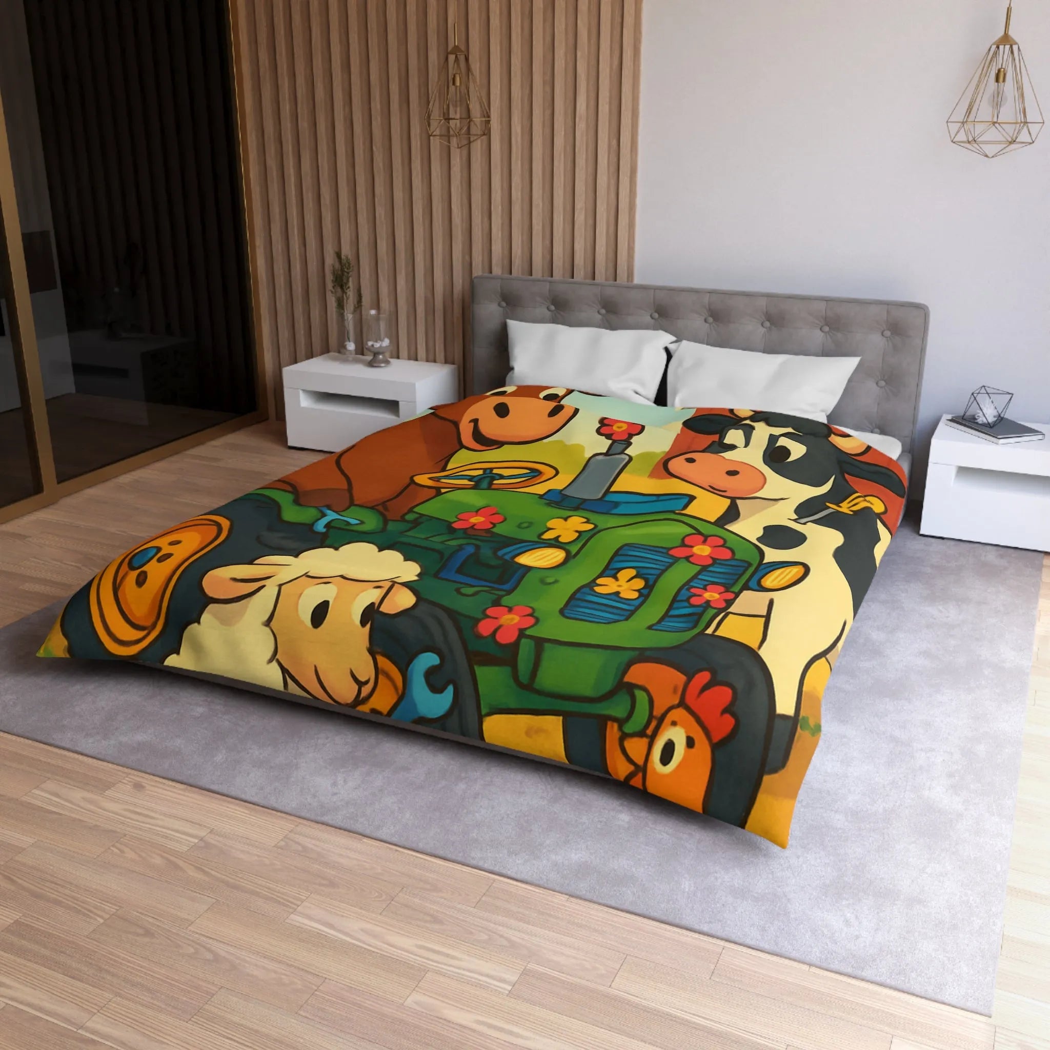 Housse de couette colorée avec animaux amusants à la ferme et tracteur ludique