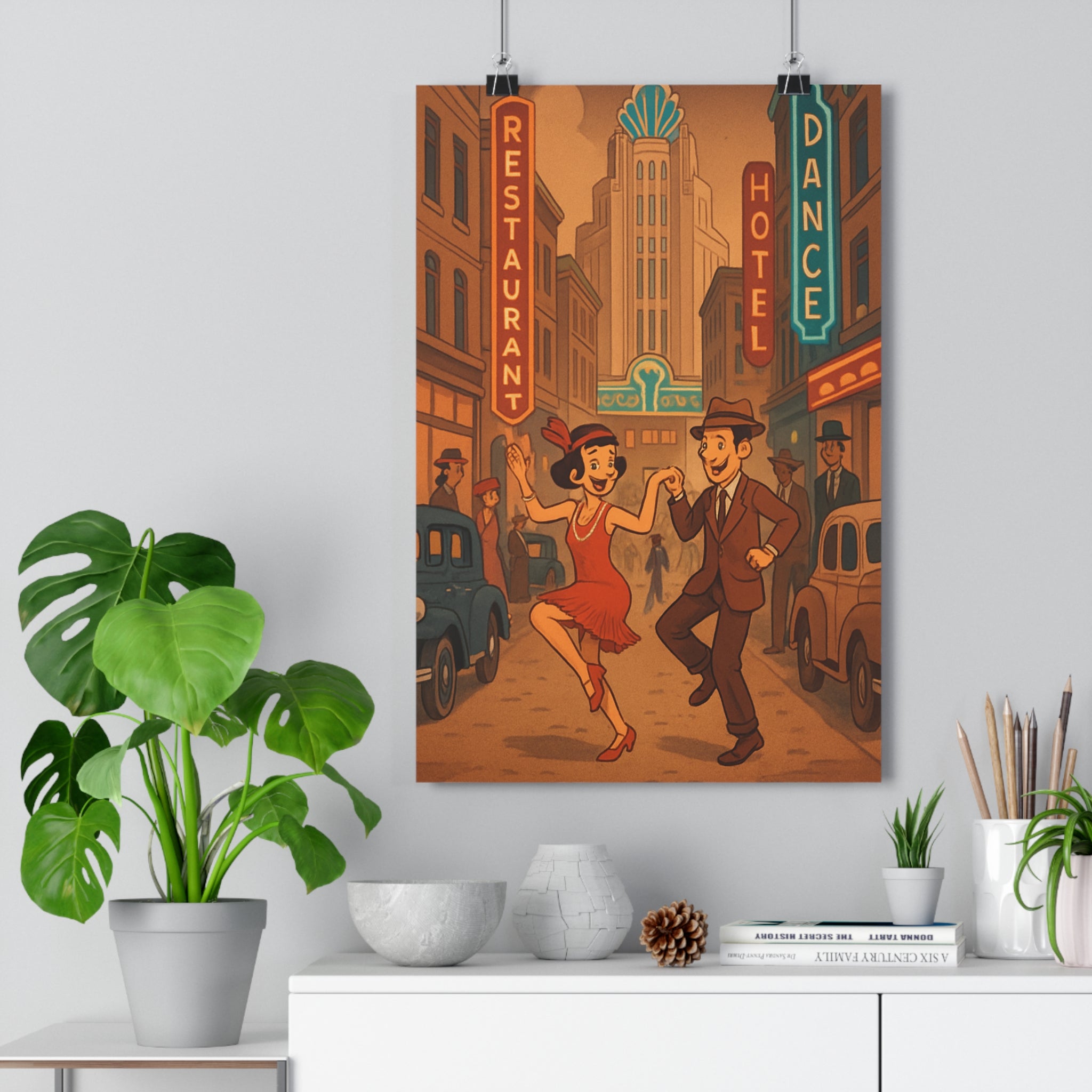Poster décoratif rétro art vintage bleu brun urbain animé danse joyeux salon chambre néons